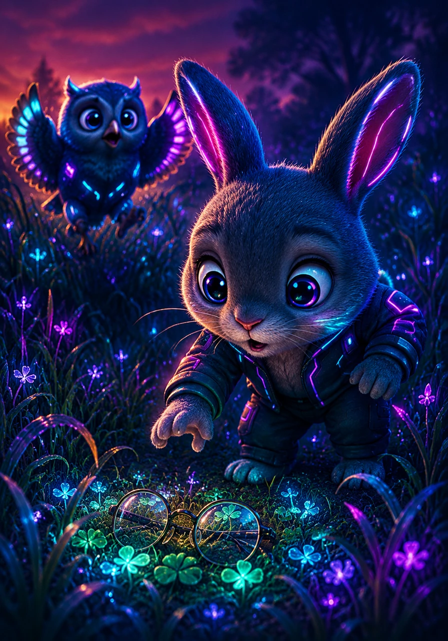 As evening approached, Barnaby found Oliver the owl looking frantically through the tall grass for his lost shiny reading glasses. Barnaby used his sharp bunny eyes and excellent hopping skills to spot the glasses glinting safely near a patch of wild clover.