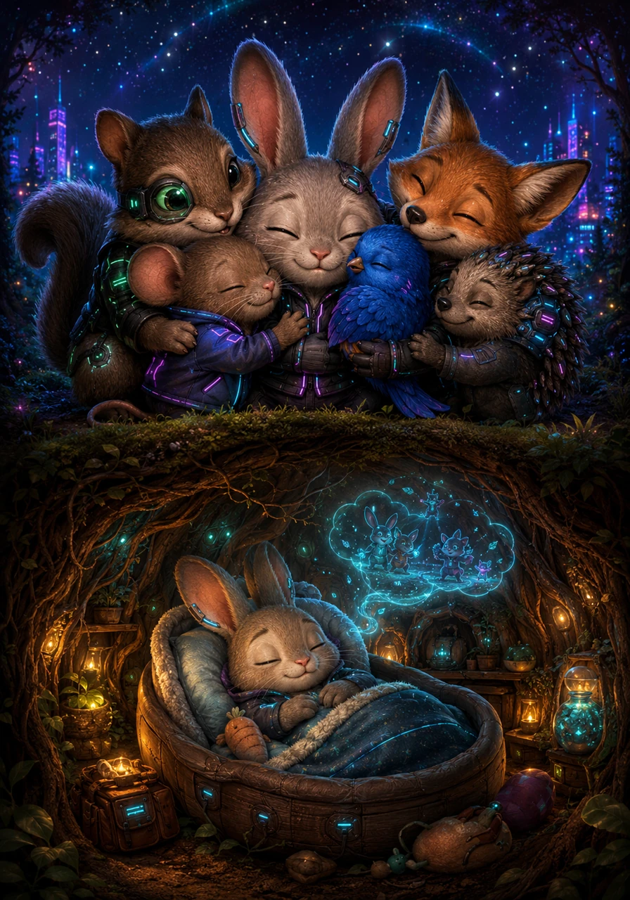Underneath the twinkling stars, the grateful forest animals hugged Barnaby and thanked him for his endless kindness. Cuddled up in his warm burrow after a long day of helping others, the little bunny drifted off to sleep, dreaming of tomorrow's helpful adventures.