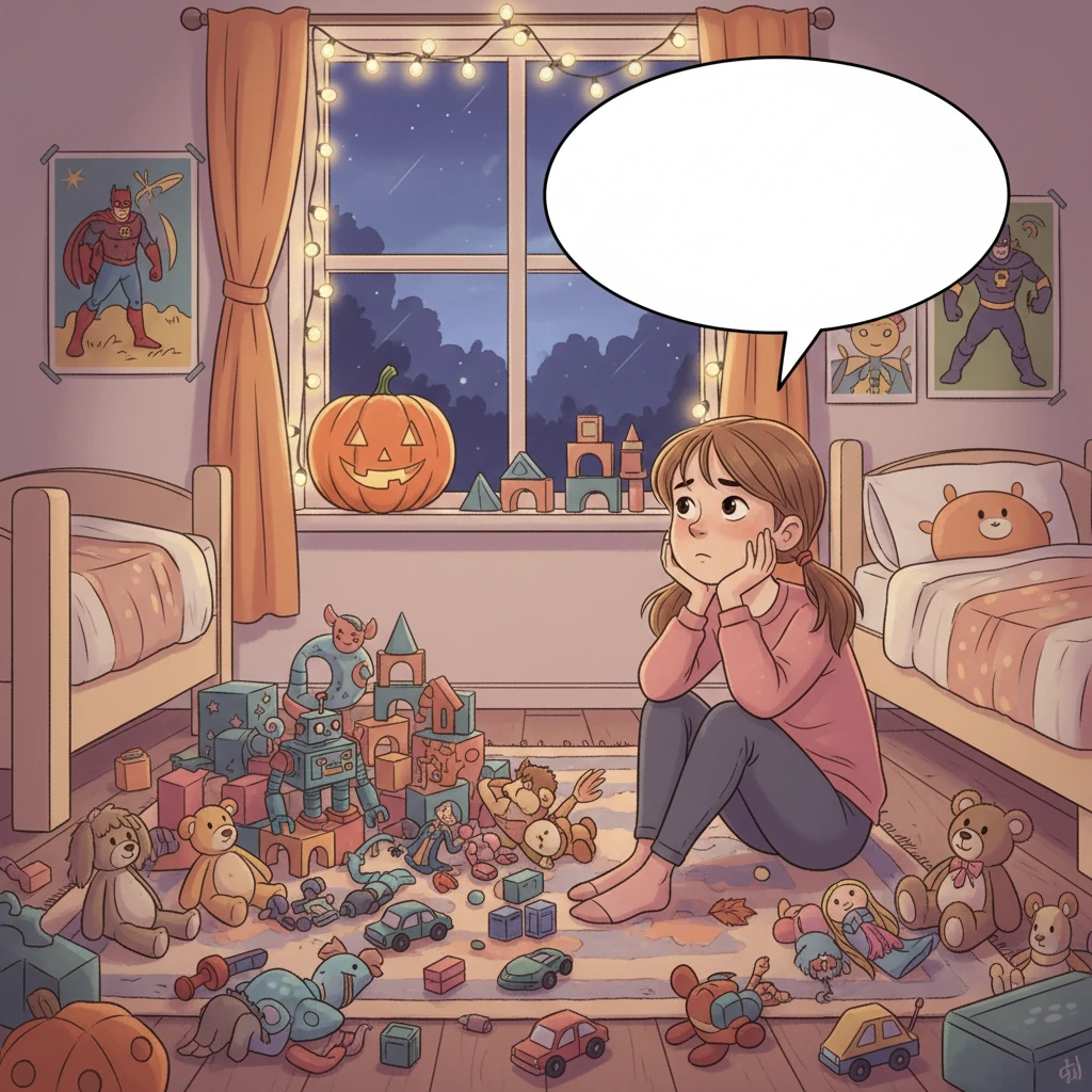 Hanna satt på sitt rum och funderade. Ikväll var det Halloween på fritids, och hon visste inte vad hon skulle klä ut sig till. Hon suckade och tittade på alla sina leksaker.