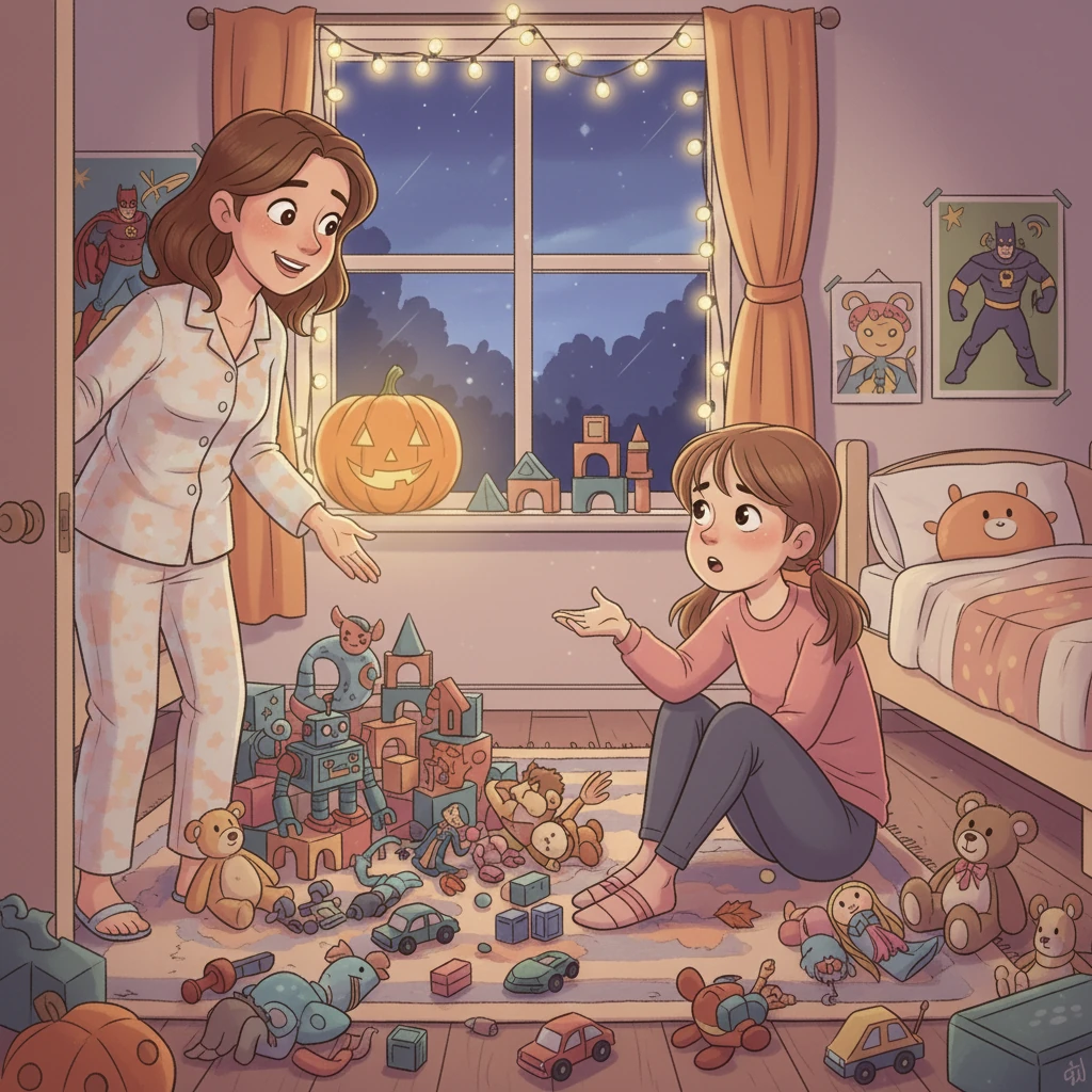 Mamma kom in i rummet och frågade: 'Vad händer, Hanna?' Hanna berättade om Halloween-problemet. Mamma log och sa att de skulle hitta på något jättebra tillsammans.