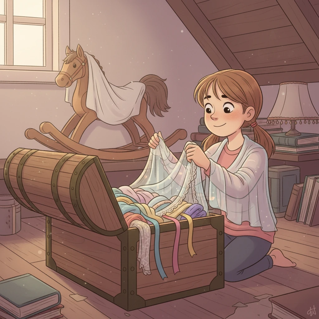 Tillsammans letade de efter inspiration. De hittade en gammal låda med tyger och band. Hanna fick en idé! Hon ville klä ut sig till ett spöke, men inte ett läskigt.