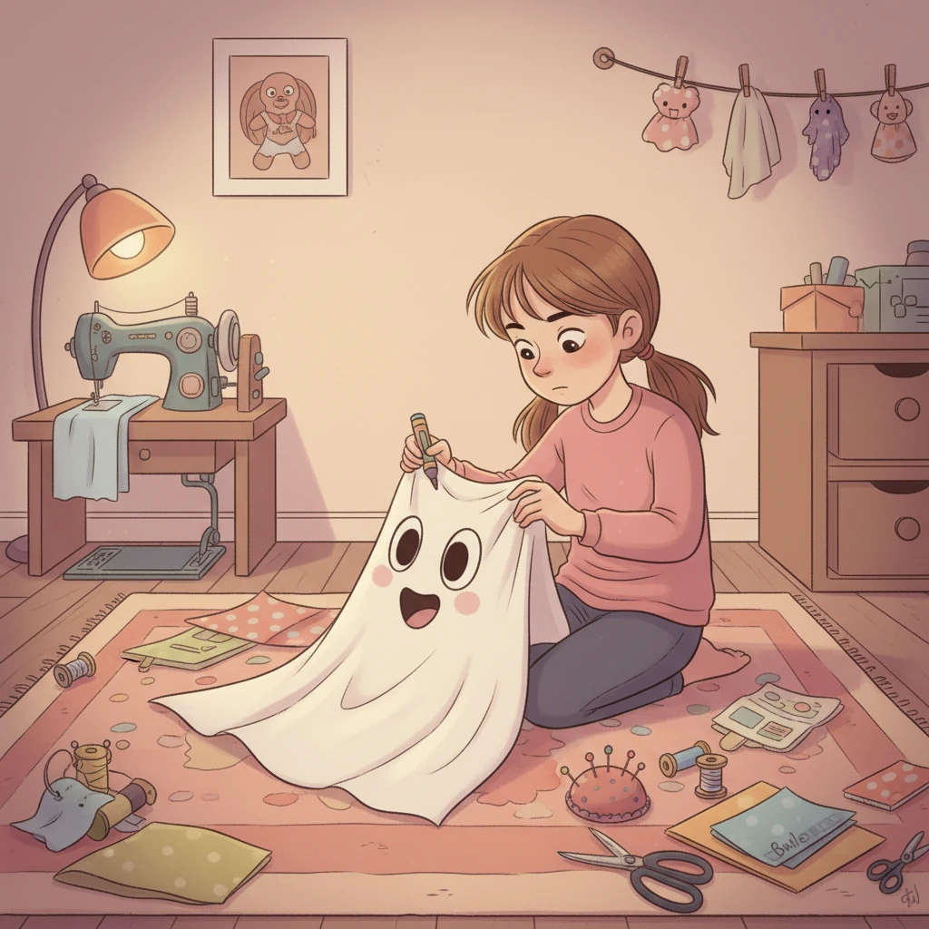 De började klippa och sy. Hanna hjälpte till att dekorera det vita tyget med glada ögon och ett leende. Spöket skulle vara snällt och roligt, inte otäckt!