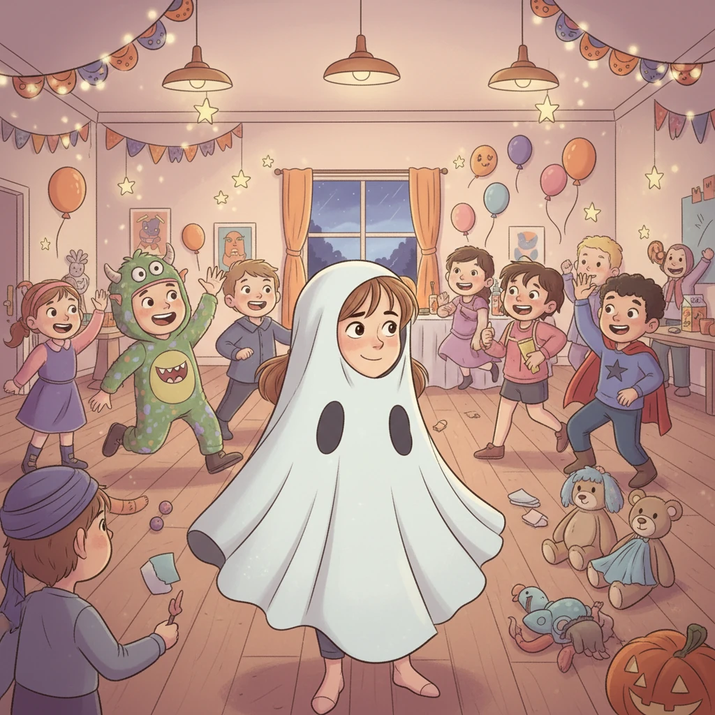 På fritids var det full rulle! Alla barn sprang runt i sina kostymer. Hanna kände sig lite nervös, men när hon såg sina vänner log hon. Hennes spöke var en succé!