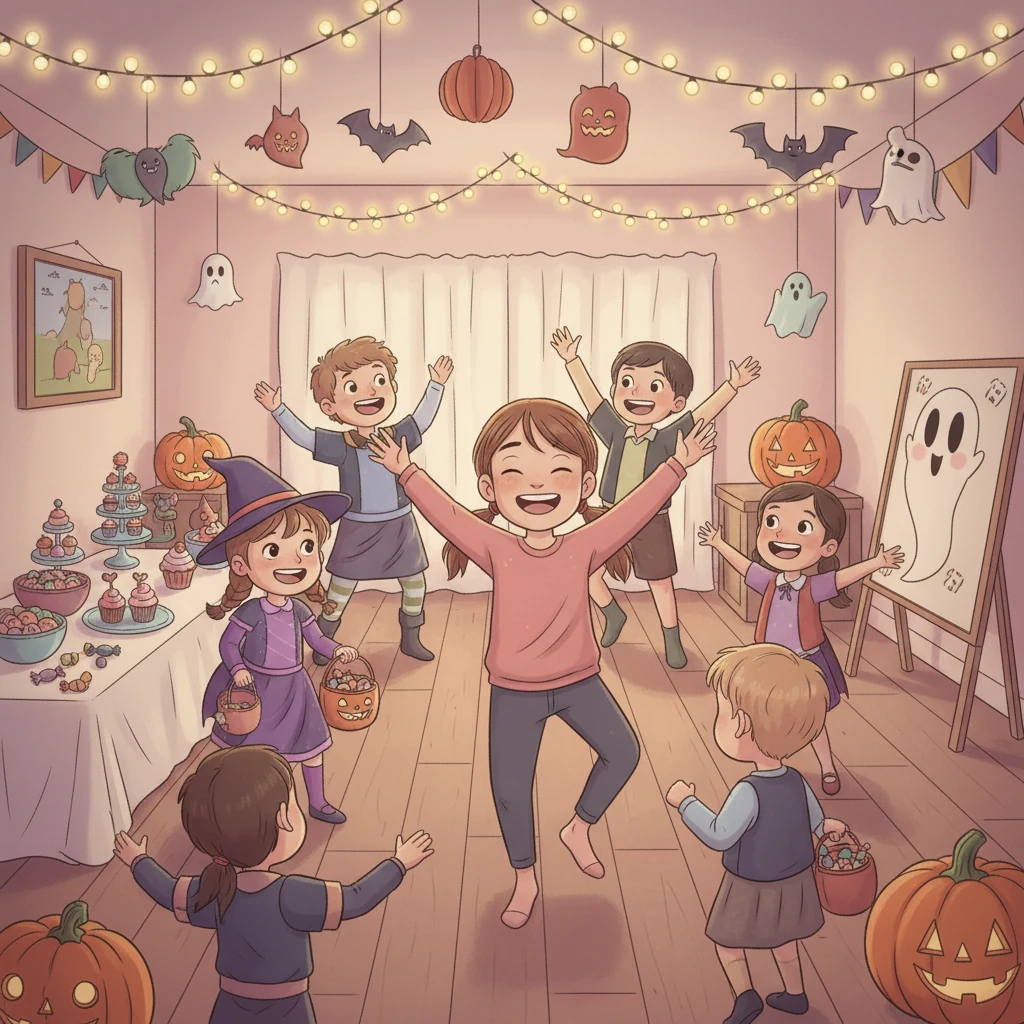 Halloween-festen var jätterolig! Hanna dansade, lekte och åt godis med sina vänner. Hon insåg att det viktigaste med Halloween inte var att vara läskig, utan att ha roligt tillsammans.