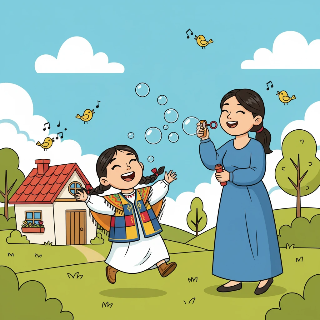 Ауылдың шетіндегі кішкентай үйдің жанында Айгүл есімді кішкентай қыз анасымен ойнап жүрді. Күн жылы, айналада құстар сайрап, бақытты балалық шақтың әуені естіліп тұрды. Анасының мейірімді күлкісі мен жылуы Айгүлдің жүрегіне қуаныш ұялатты.