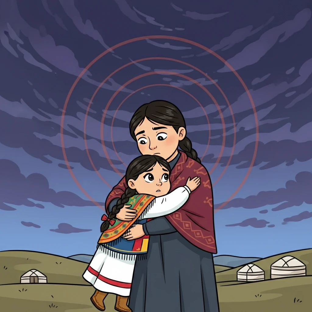 Кенеттен, аспан күңгірттеніп, дабыл дауысы естілді. Айгүл анасының алаңдаушылығын сезді. Анасы оны құшақтап, «Біз жақсы боламыз, қызым» деп жұбатты. Бірақ Айгүлдің кішкентай жүрегі үрейге толы еді.