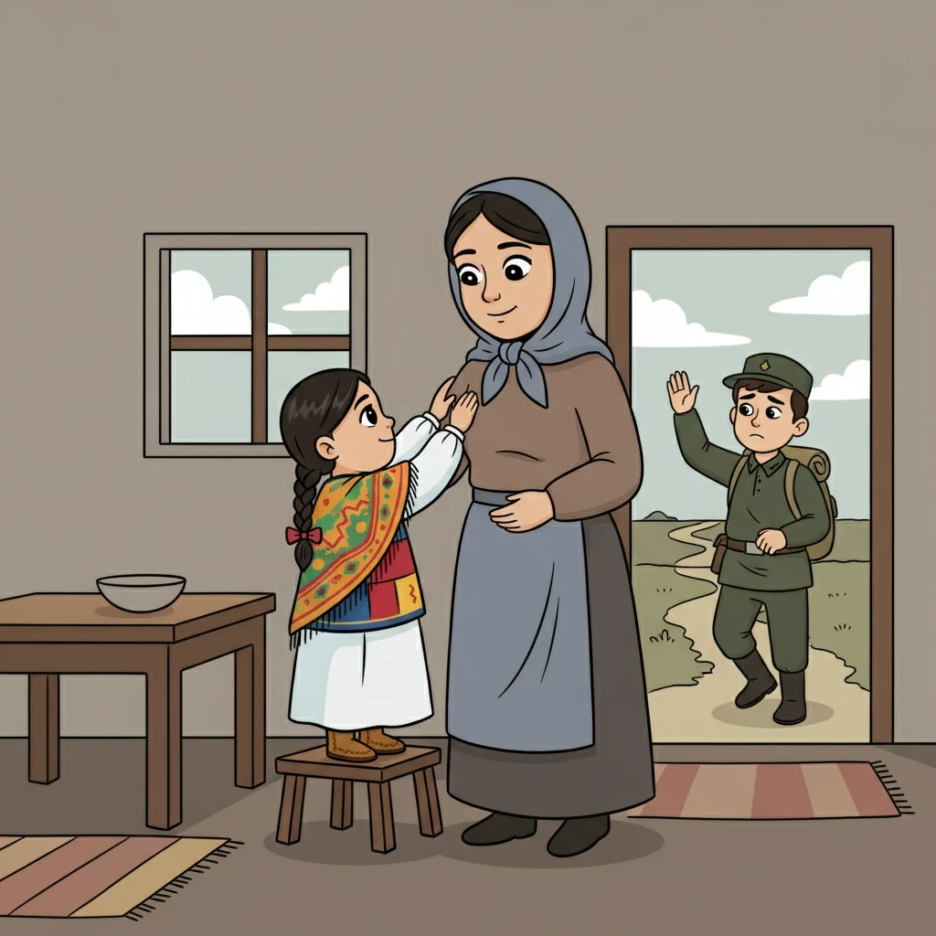 Соғыс басталып, әкесі майданға аттанды. Айгүл мен анасы жалғыз қалды. Үйлерінде үнсіздік орнады, тек Айгүлдің анасының күшті қадамдары естіліп тұрды. Олар бір-бірін қолдап, қиындықтарға төтеп берді.