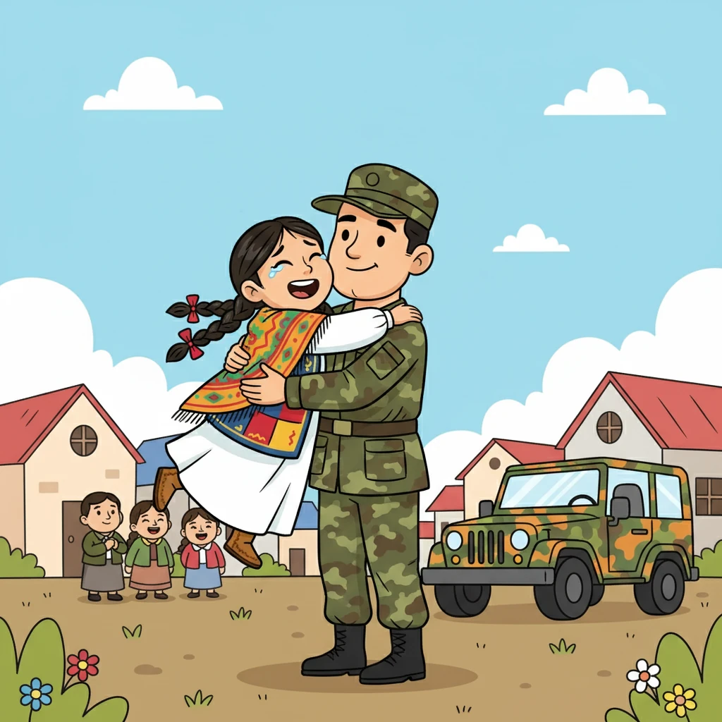 Күндердің бірінде ауылға әскерилер келді. Айгүл әкесін таныды! Ол сағыныштан жылап, әкесінің мойнына асылды. Отбасы қайтадан бақытты болды.