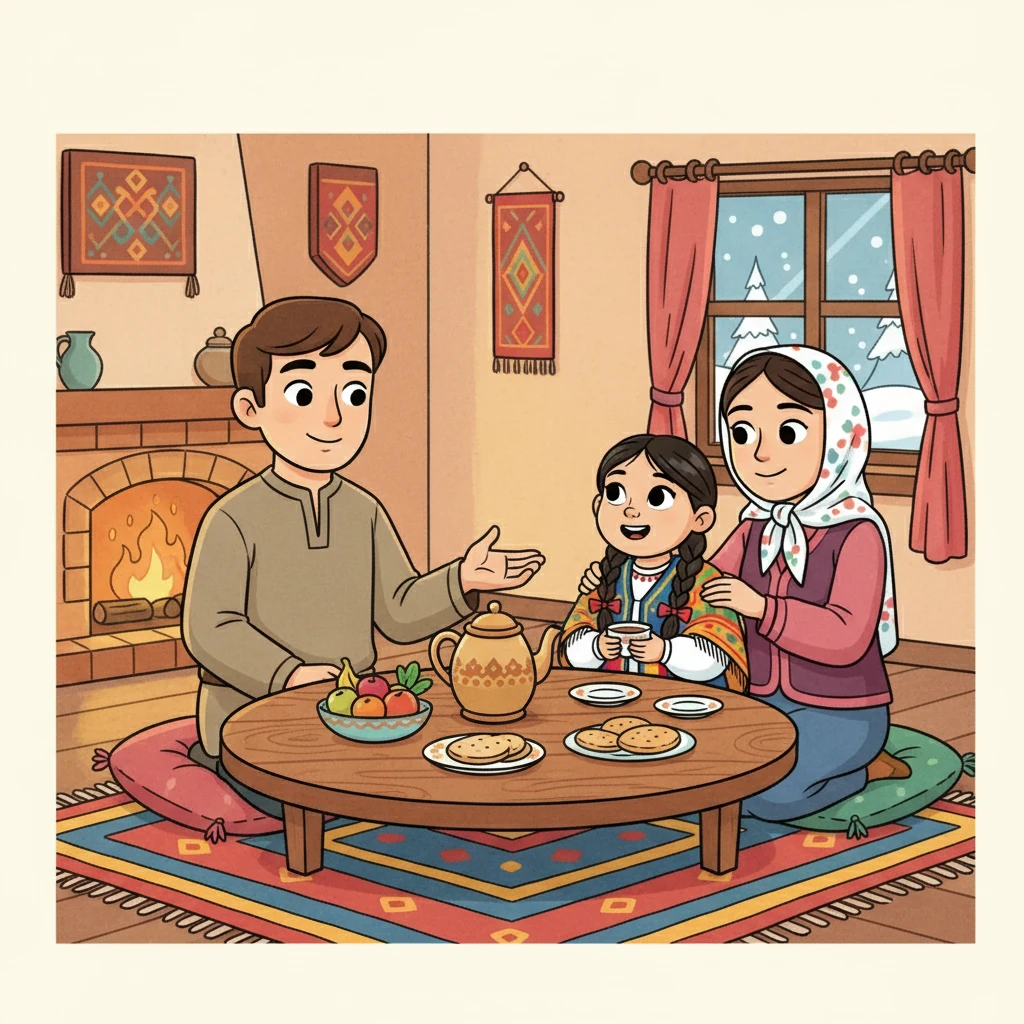 Айгүл мен әкесі анасымен бірге дастархан басында отырды. Олар соғыс жылдарындағы қиындықтарды еске алып, бір-біріне деген махаббаттарын сезінді. Үйде жылулық пен жайлылық орнады.