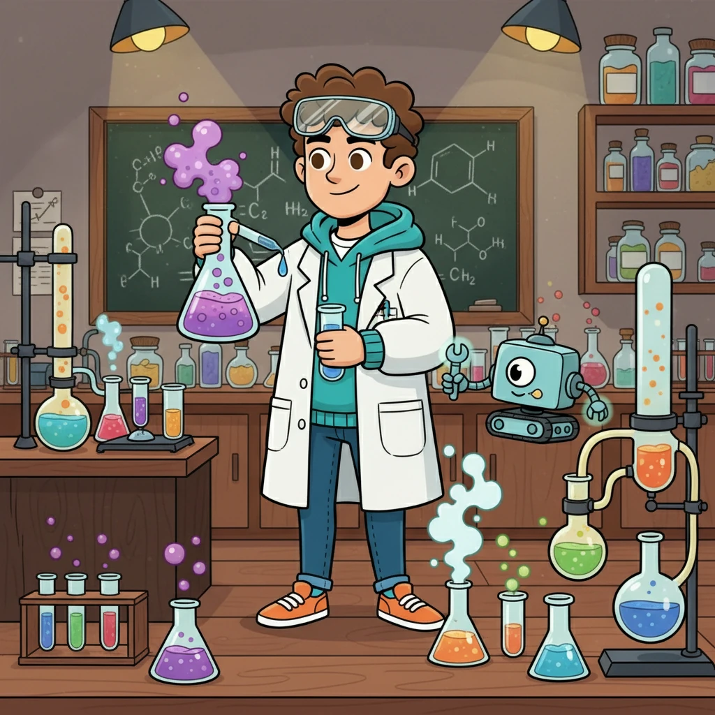 Келесі кезеңде Айдар химиялық реакциялармен танысты. Ол жаңа заттар жасап, әр түрлі құбылыстарды бақылады. Ол өз зерттеулерін мұқият жазып отырды.