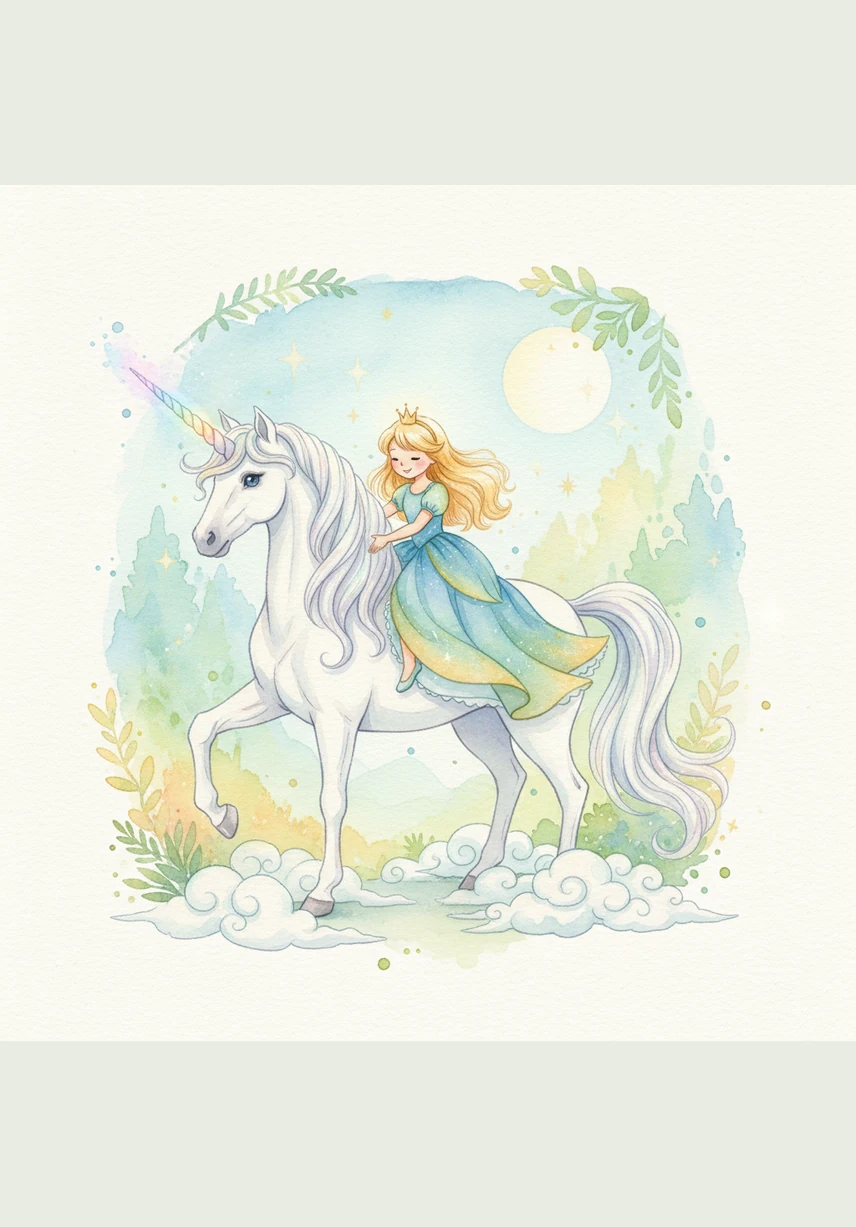 A majestic white unicorn with a glowing rainbow horn stepped out from behind a chocolate tree. Sophia climbed onto its back, feeling the soft fur as they prepared to soar into the evening sky.