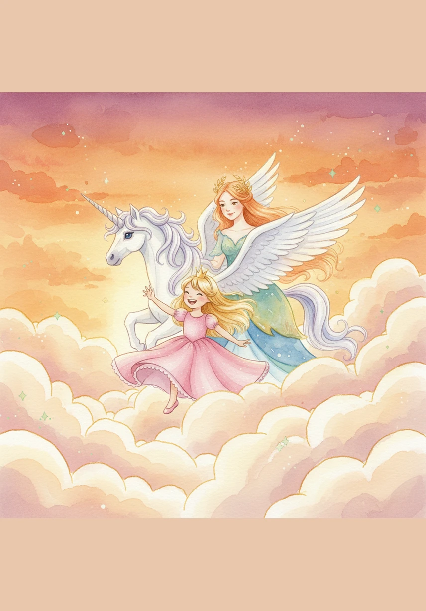 High above the world, they met a family of graceful Pegasus horses gliding through clouds that looked like giant marshmallows. Sophia laughed as she reached out to touch the soft, misty air while the sun set in shades of orange and gold.