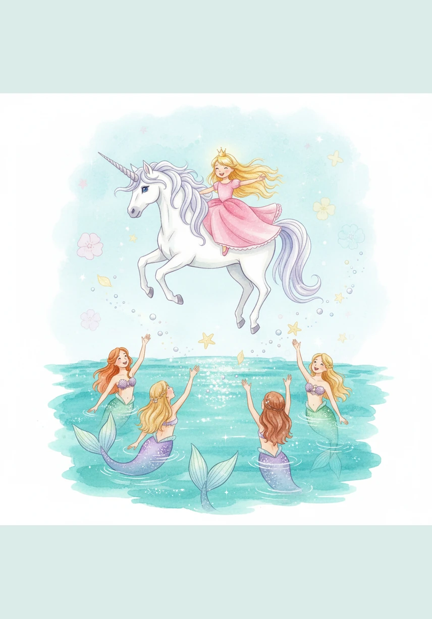 The unicorn gently descended toward a sparkling blue lagoon where mermaids with shimmering tails were singing beautiful songs. They waved at Sophia, tossing pearls and sea-stars into the air to celebrate her arrival.
