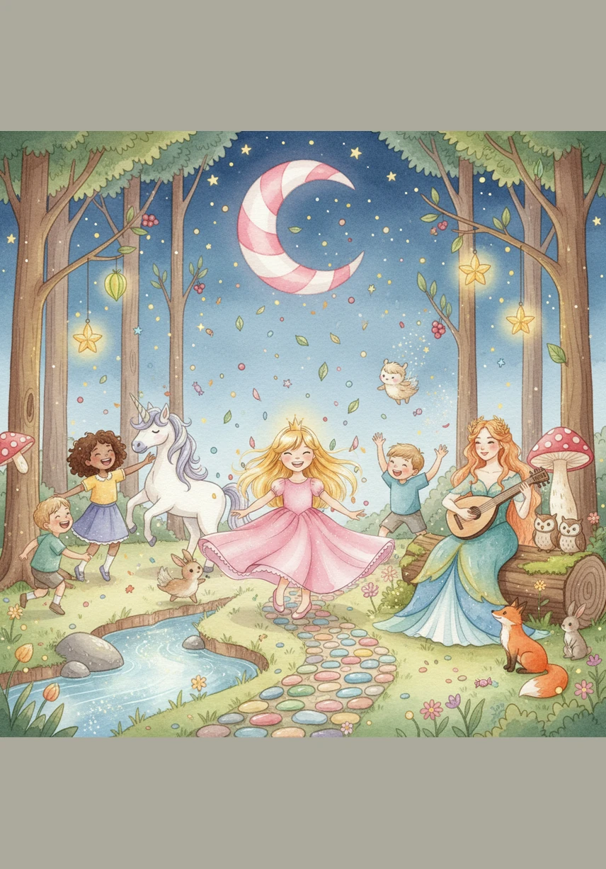 All her new friends gathered together under the light of a candy-cane moon for a joyful celebration. There was dancing, music, and laughter as the fairies and ponies twirled around the happy princess.