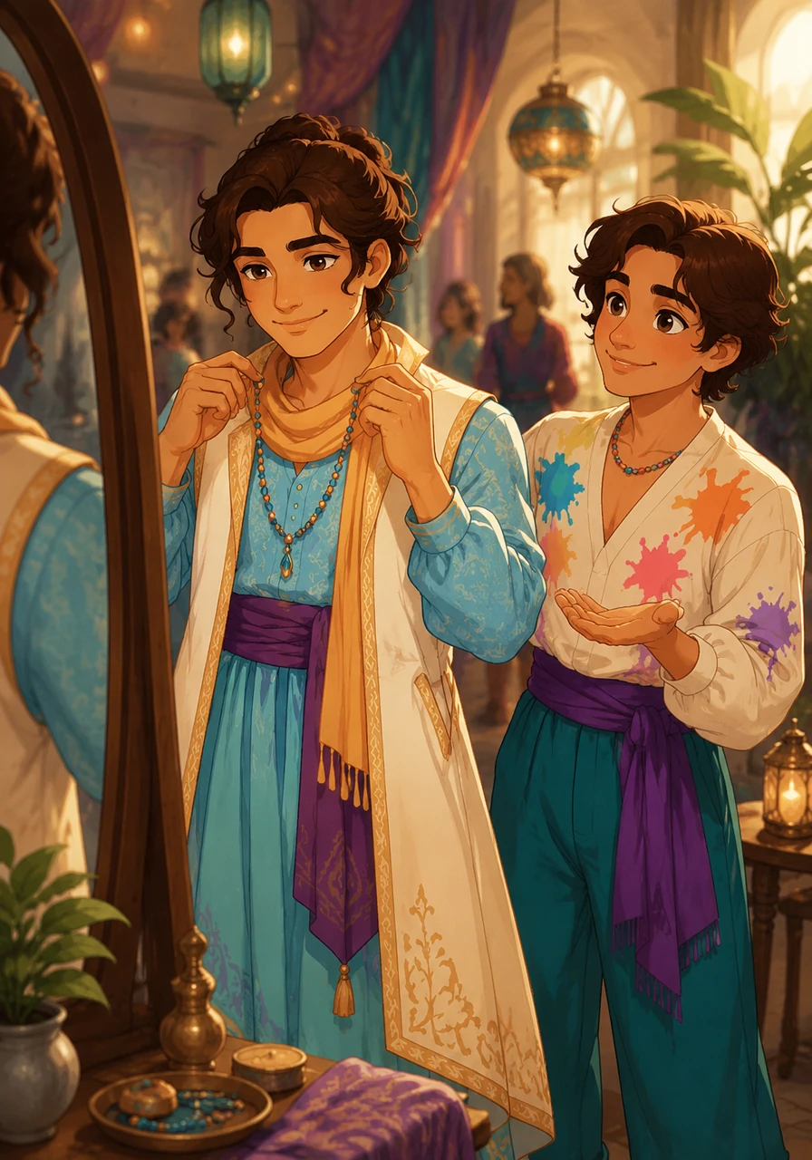 A friend invites Elias to a creative gathering, inspiring him to explore his style further. He finds that adding a simple, beaded necklace changes the energy of an outfit completely. The delicate jewelry adds a touch of brightness and refinement that feels increasingly like *him*.