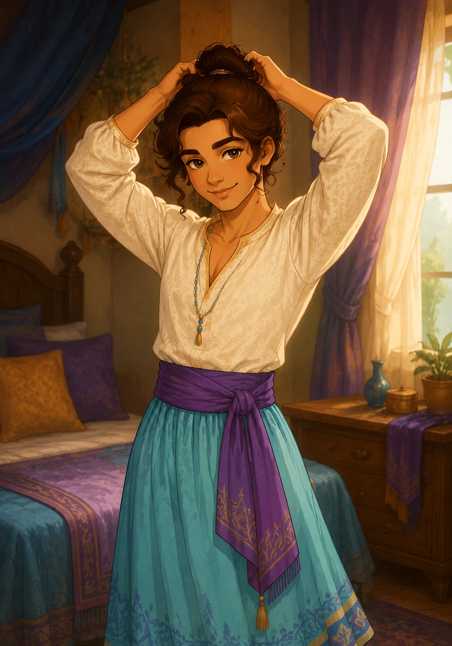 Elias stands in his room, now dressed in the long skirt, the beaded necklace, and a soft, patterned tunic. He tries sweeping his long hair into a soft bun, framing his face in a way that feels right. The transformation is striking, reflecting a person who is graceful and confident in their own skin.