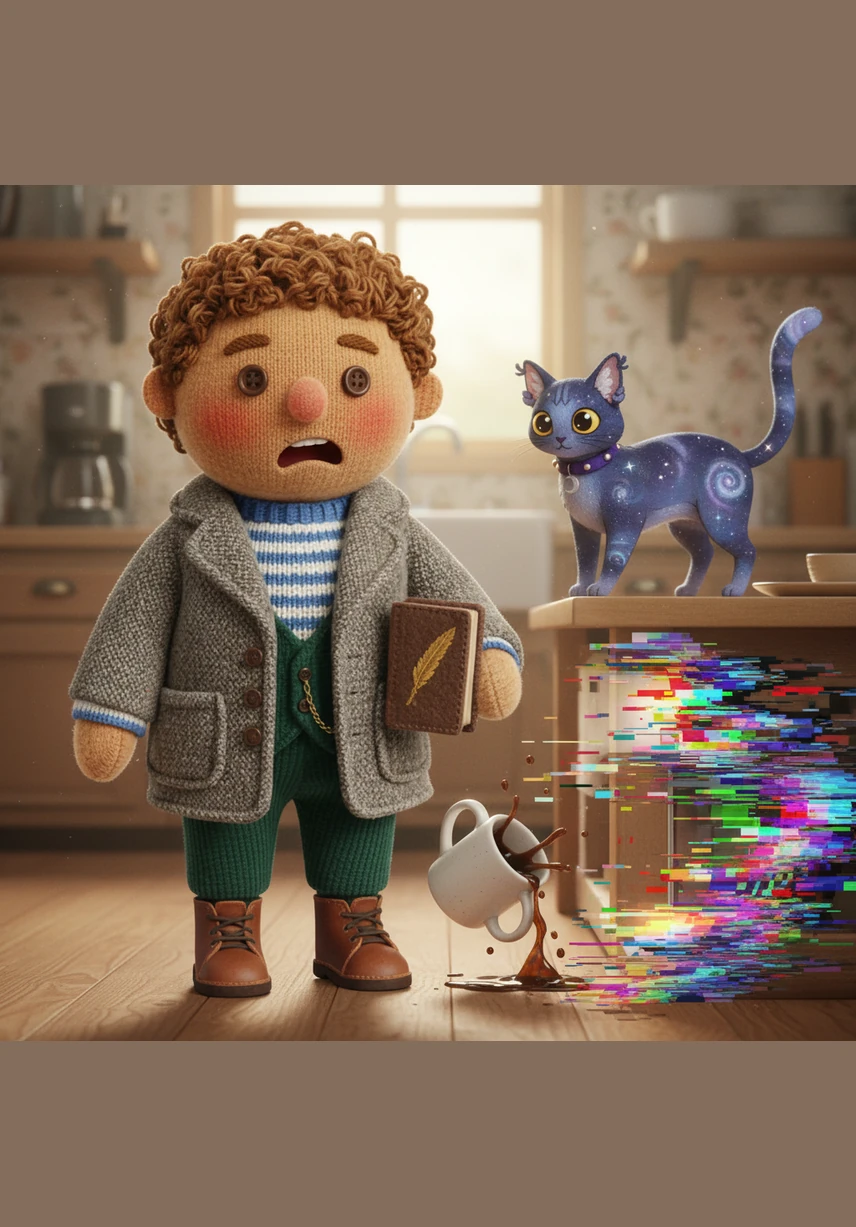 In his morning haze, Arthur fumbles with a cup of coffee, watching in slow motion as it tips over the edge of the counter. Just as the ceramic hits the floor, a jagged glitch tears through the air, distorting the room like a corrupted video file.