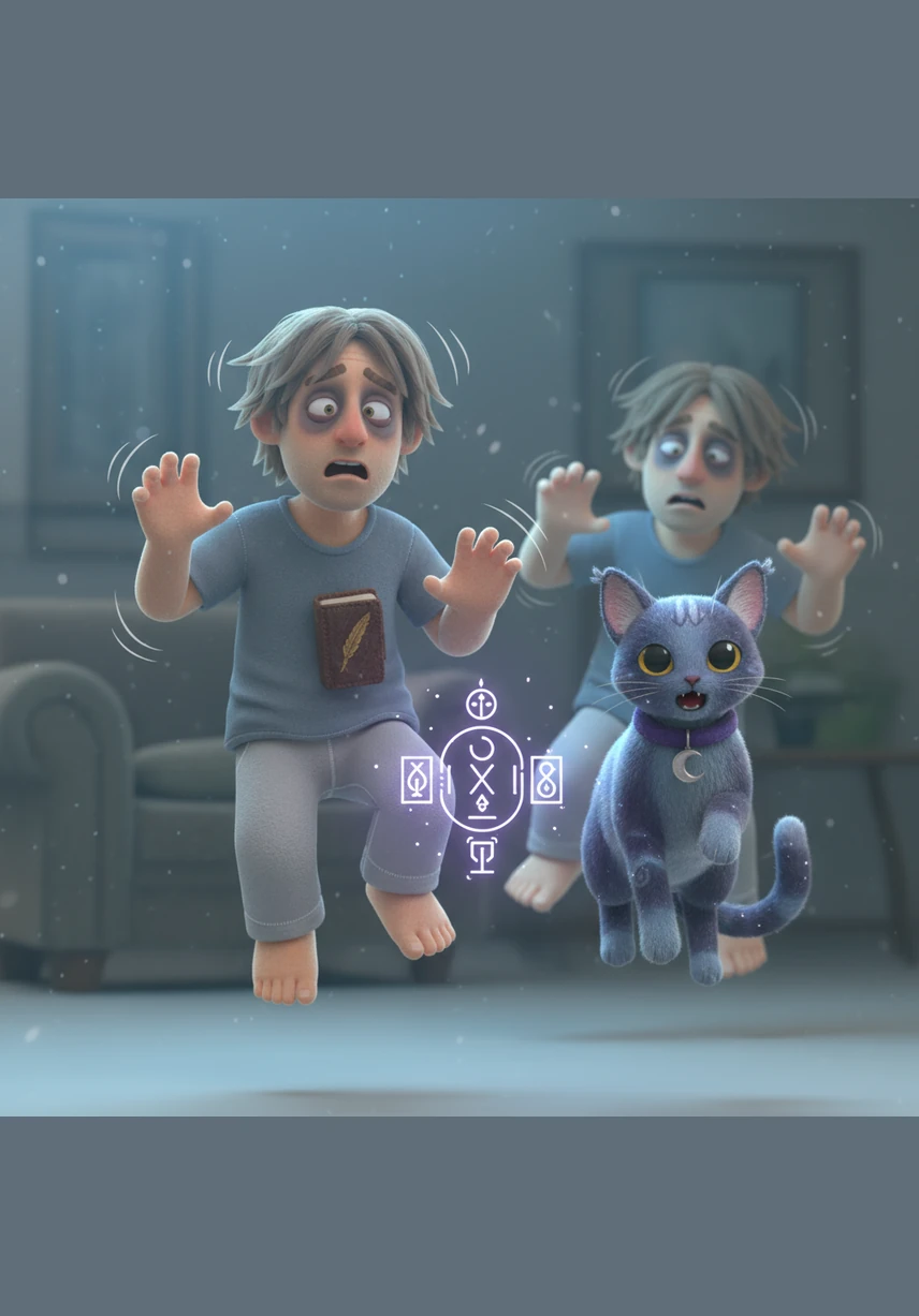 The world suddenly snaps into a silent, frozen tableau, leaving Arthur suspended in a moment of absolute, terrifying stillness. Orion gazes directly forward, a soft meow echoing in the void as a final message appears in the air: the nightmare is only just beginning.