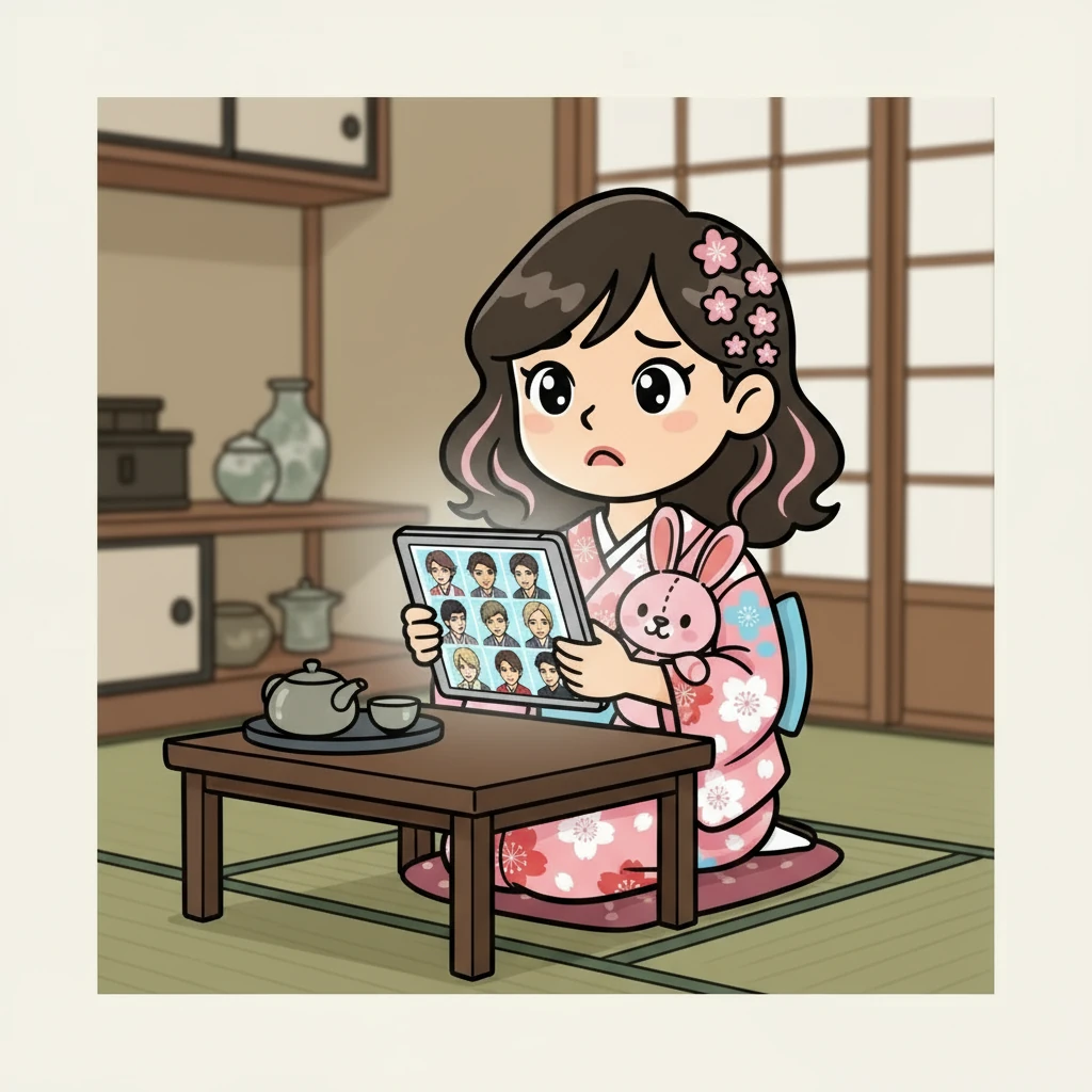 アプリを開いた美咲は、プロフィールを真剣なまなざしで眺めている。新しい出会いへの期待と、少しの不安が入り混じった表情だ。画面には、多くの素敵な男性たちのプロフィールが表示されている。