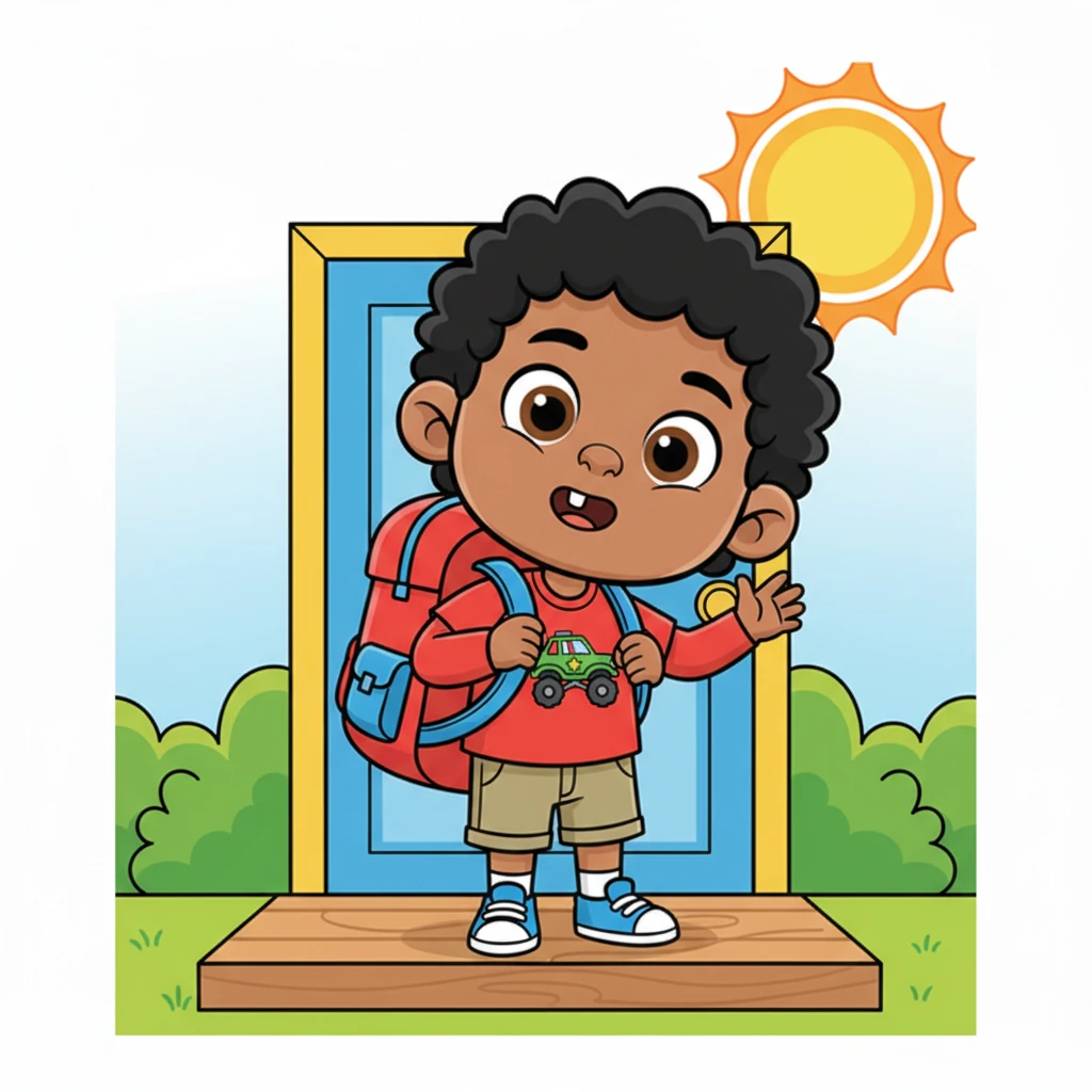 Max, a small boy with an oversized, bright red backpack and a wide, slightly nervous smile, stands at his front door. He waves goodbye to an unseen parent, his cartoonishly large head tilting with anticipation. The morning sun, drawn with playful, swirling rays, shines on a vibrant green lawn behind him.