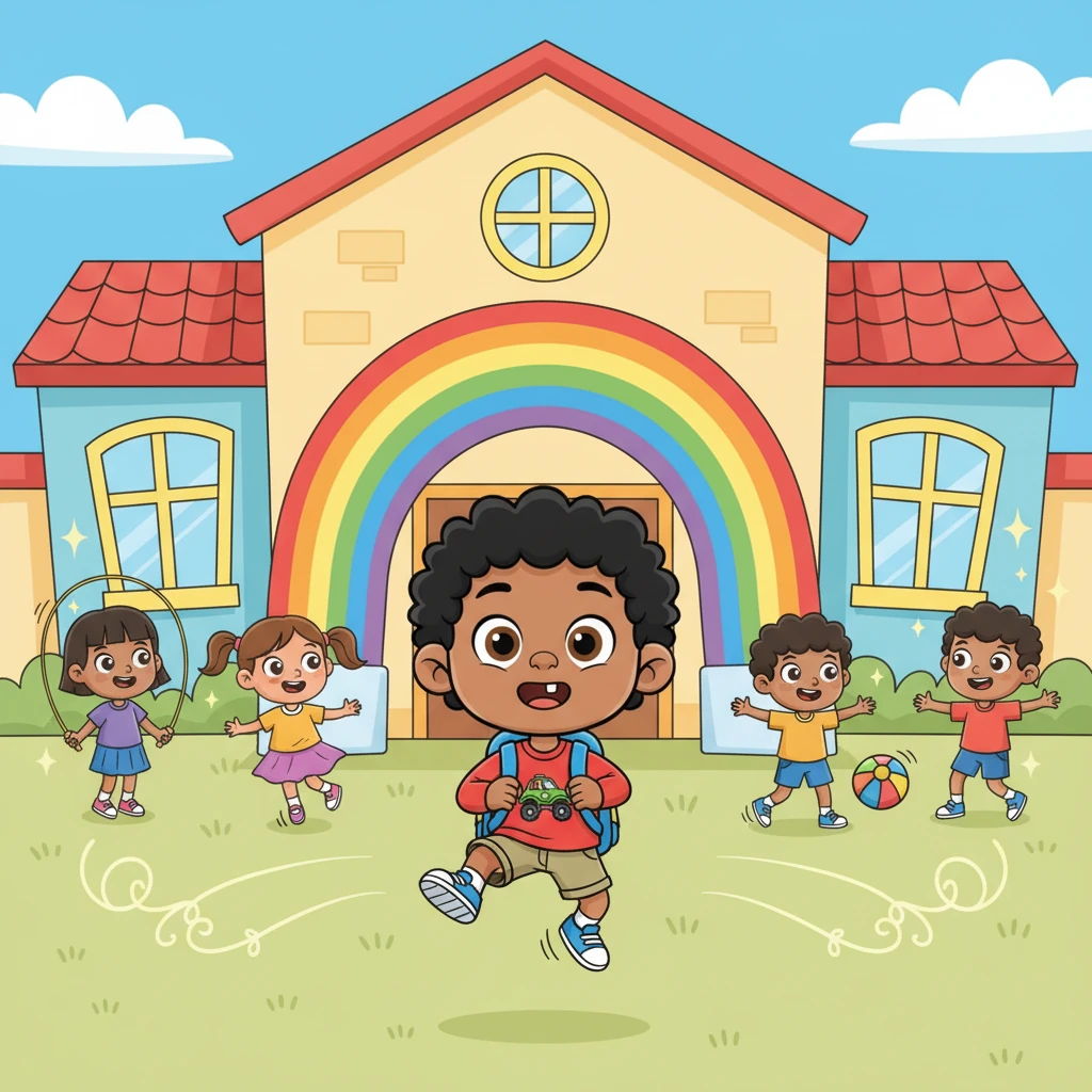 Max arrives at the school, a friendly-looking building with a big, welcoming rainbow arch over the main entrance. His eyes are wide with wonder, and his short legs are in a dynamic, skipping pose. A few other children, equally cheerful and exaggerated, are already playing nearby, their laughter almost visible in the air.