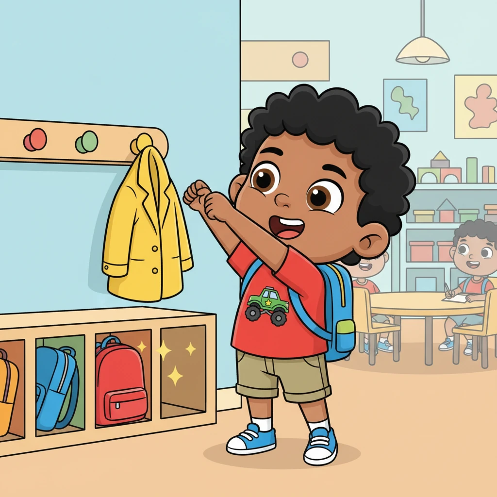 Inside the bustling classroom, Max proudly hangs his bright yellow coat on a hook, reaching up with a determined stretch. His red backpack now sits neatly in a colorful cubby, a tiny sparkle of accomplishment around it. The classroom is filled with playful shapes and soft, inviting colors.