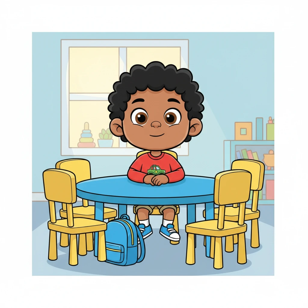 Max finds his special spot at a round, blue table, settling into a comfy-looking chair. He sits up straight, his hands folded neatly, a quiet sense of readiness on his expressive face. The table is surrounded by other empty chairs, waiting for his friends to arrive.