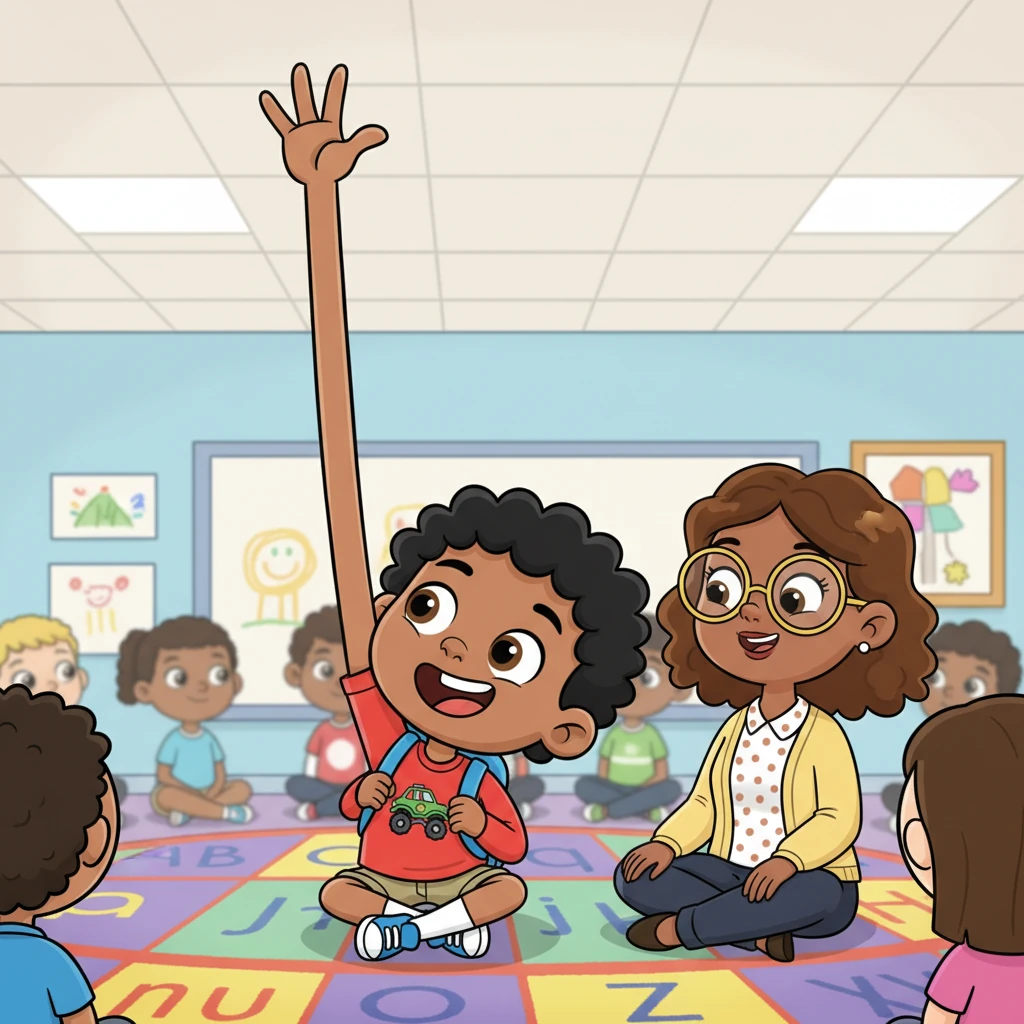 During circle time, Max's hand shoots up into the air, almost touching the ceiling, his arm comically long and enthusiastic. He has a big, eager grin, patiently waiting for his turn to speak. His teacher, a kind woman with a friendly, exaggerated smile, looks towards him with encouraging eyes.