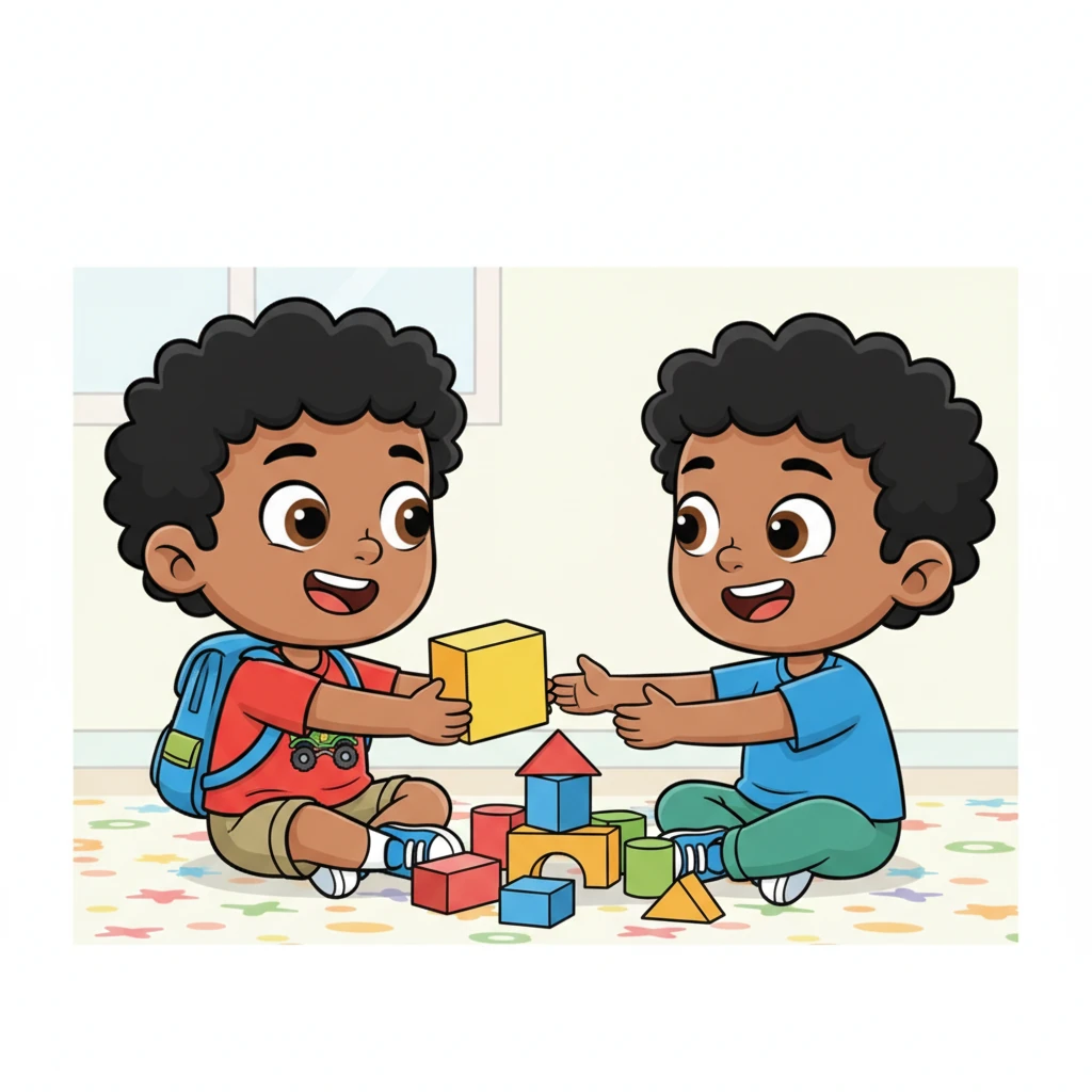 Max happily shares a colorful toy block with a friend sitting next to him, their hands meeting in the middle of a pile of blocks. Both children have joyful expressions, their eyes sparkling with the fun of playing together. Bright, cheerful patterns adorn the floor around them.