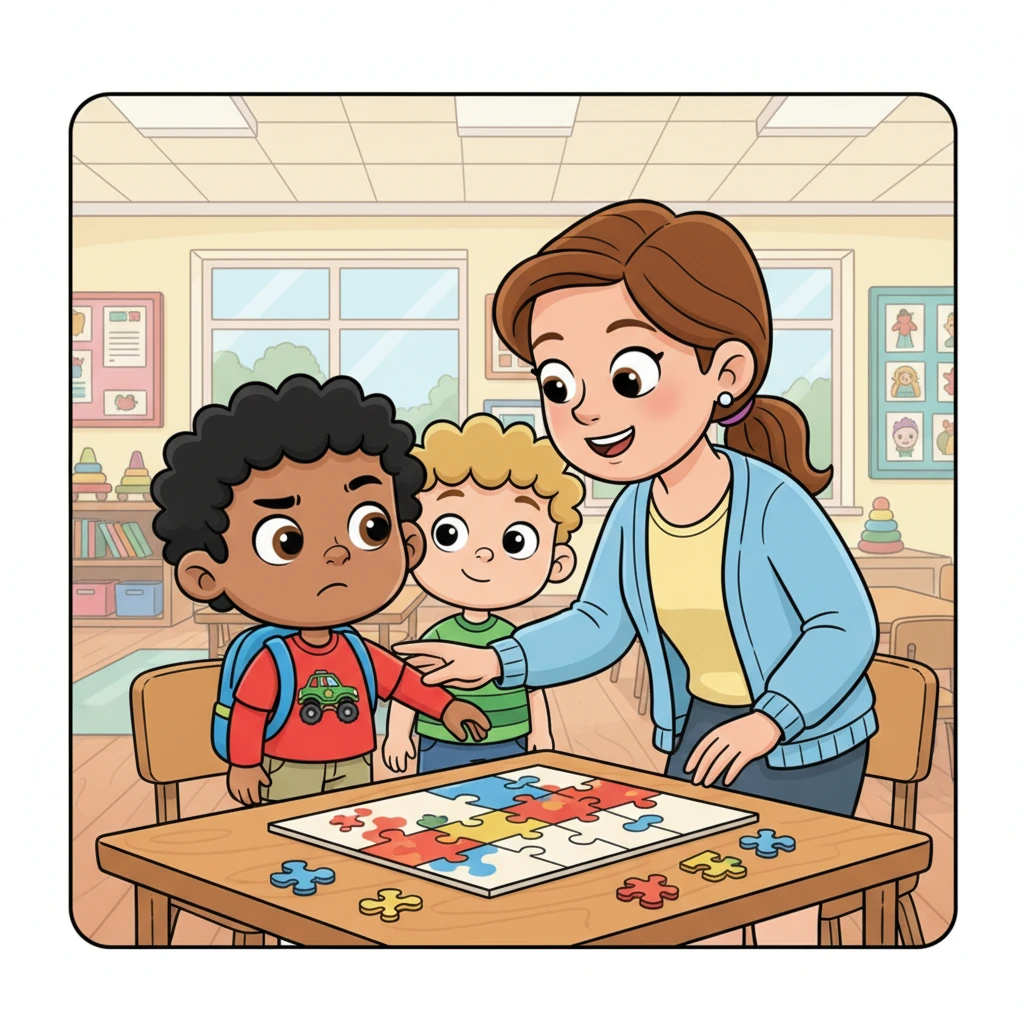 When Max feels a little unsure about a puzzle, he gently taps his teacher's arm, his brow furrowed slightly in thought but not distress. The teacher, with a warm, understanding smile, bends down to listen, her hand gently resting on his arm. A friend nearby looks on with a supportive expression.