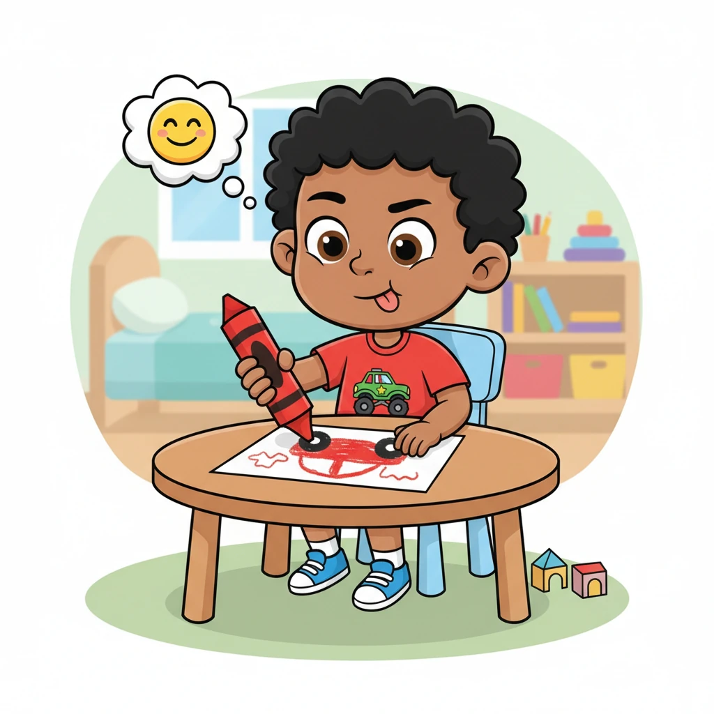 Max sits at a table, completely absorbed in drawing a magnificent, wobbly red car with a bright red crayon. He holds the crayon with great focus, his tongue sticking out a tiny bit in concentration. A tiny thought bubble above his head shows a proud, happy face.