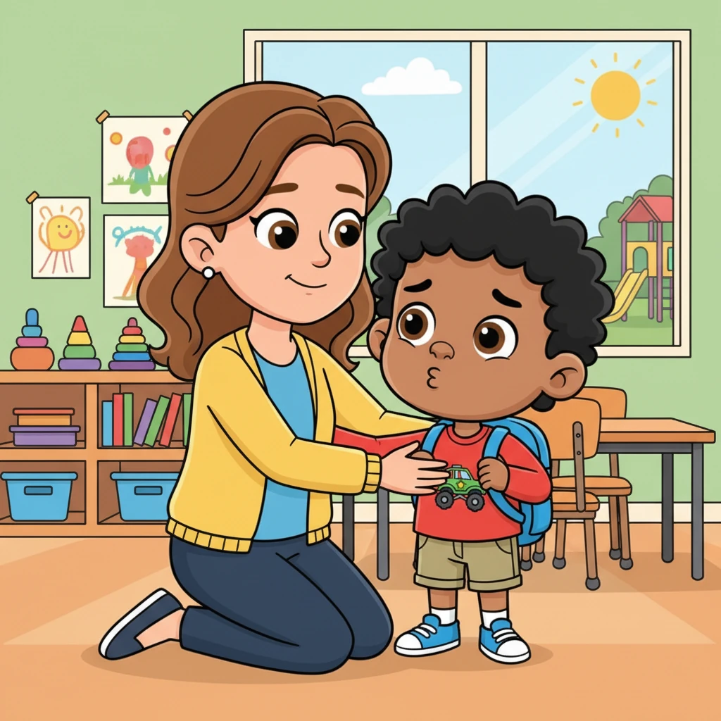 Later, if Max feels a little sad or overwhelmed, he walks over to his teacher, his lower lip quivering slightly. He bravely tells her how he feels, looking up with big, honest eyes. The teacher kneels down, offering a comforting hug, her expression full of empathy and warmth.