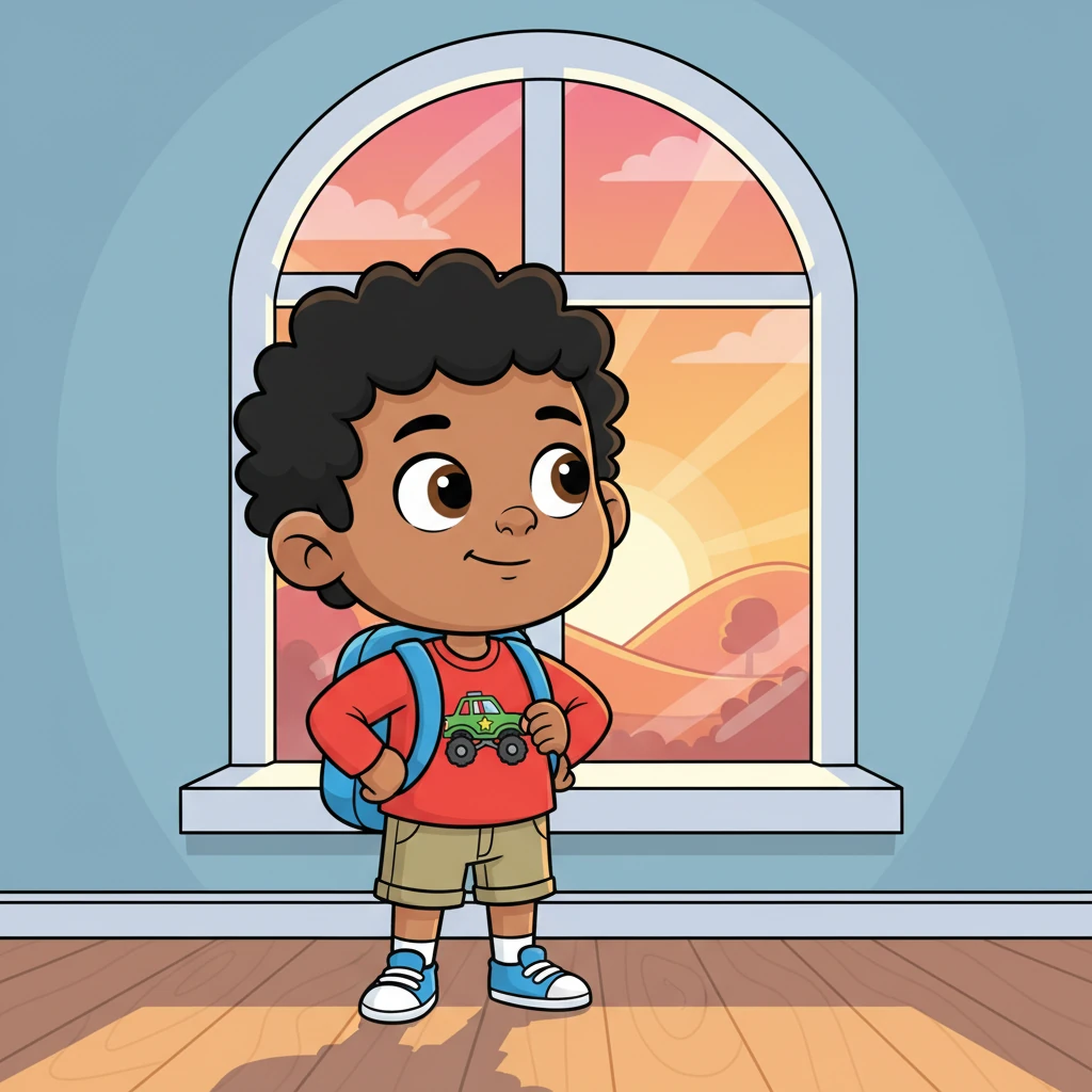 At the end of the day, Max stands tall, his chest puffed out slightly with a newfound confidence. He looks out a window at the setting sun, a thoughtful, hopeful look on his face. He knows he's small now, but he's growing every day, ready for all the big adventures ahead.