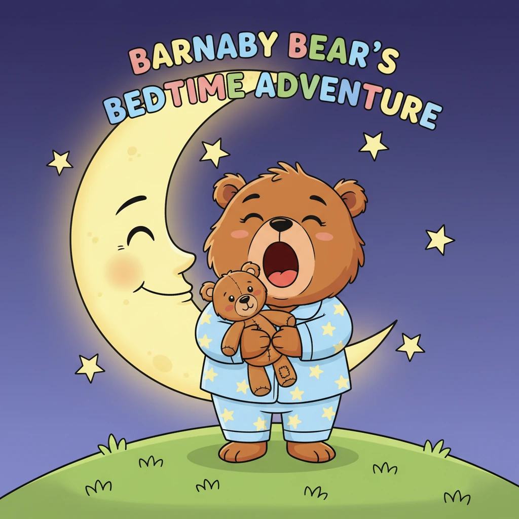 Barnaby Bear, a fluffy brown bear in comfy blue pajamas, stands on a grassy hill, yawning a huge, happy yawn. He holds a tiny, worn teddy bear named Pip close to his chest, his eyes twinkling under a big, friendly moon. The title, 'Barnaby Bear's Bedtime Adventure,' floats above him in cheerful, bubbly letters.