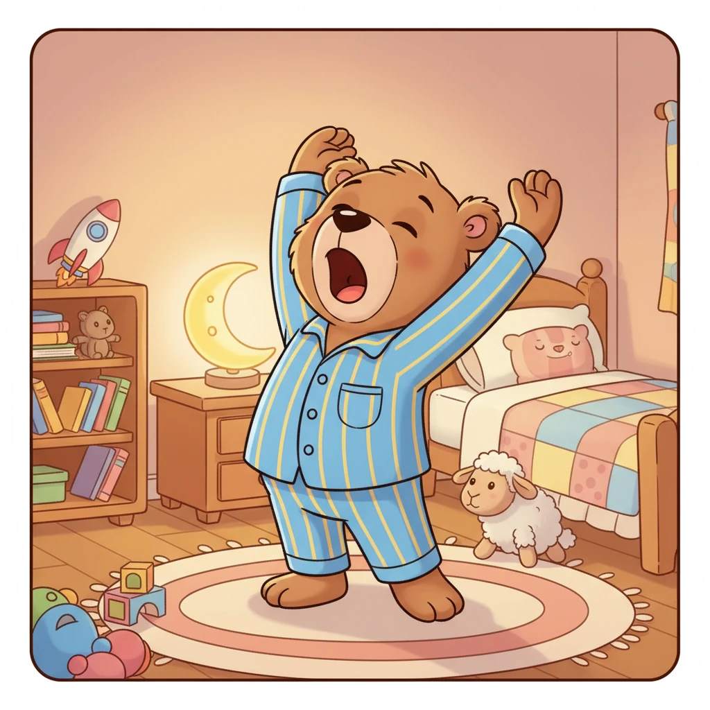 In his cozy bedroom, filled with soft toys and a warm glow from a moon-shaped nightlight, Barnaby Bear feels a giant yawn bubble up from his tummy. He stretches his arms high above his head, his eyes half-closed with sleepiness, knowing it's almost time for bed.