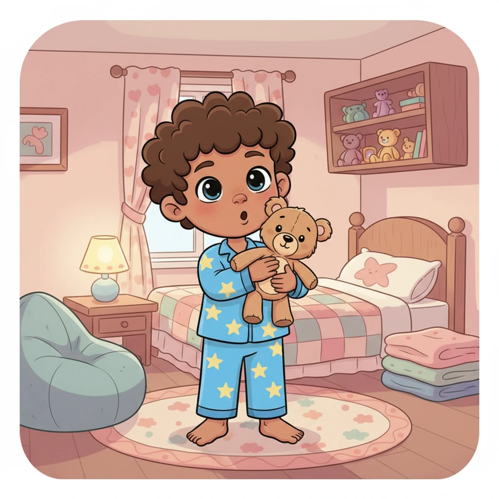 Barnaby hugs his little teddy, Pip, tightly. 'Time for a super cozy sleep, Pip!' Barnaby whispers, but then he looks around his room with a mischievous, sleepy glint in his eye, wondering where the *perfect* cozy spot might be tonight.