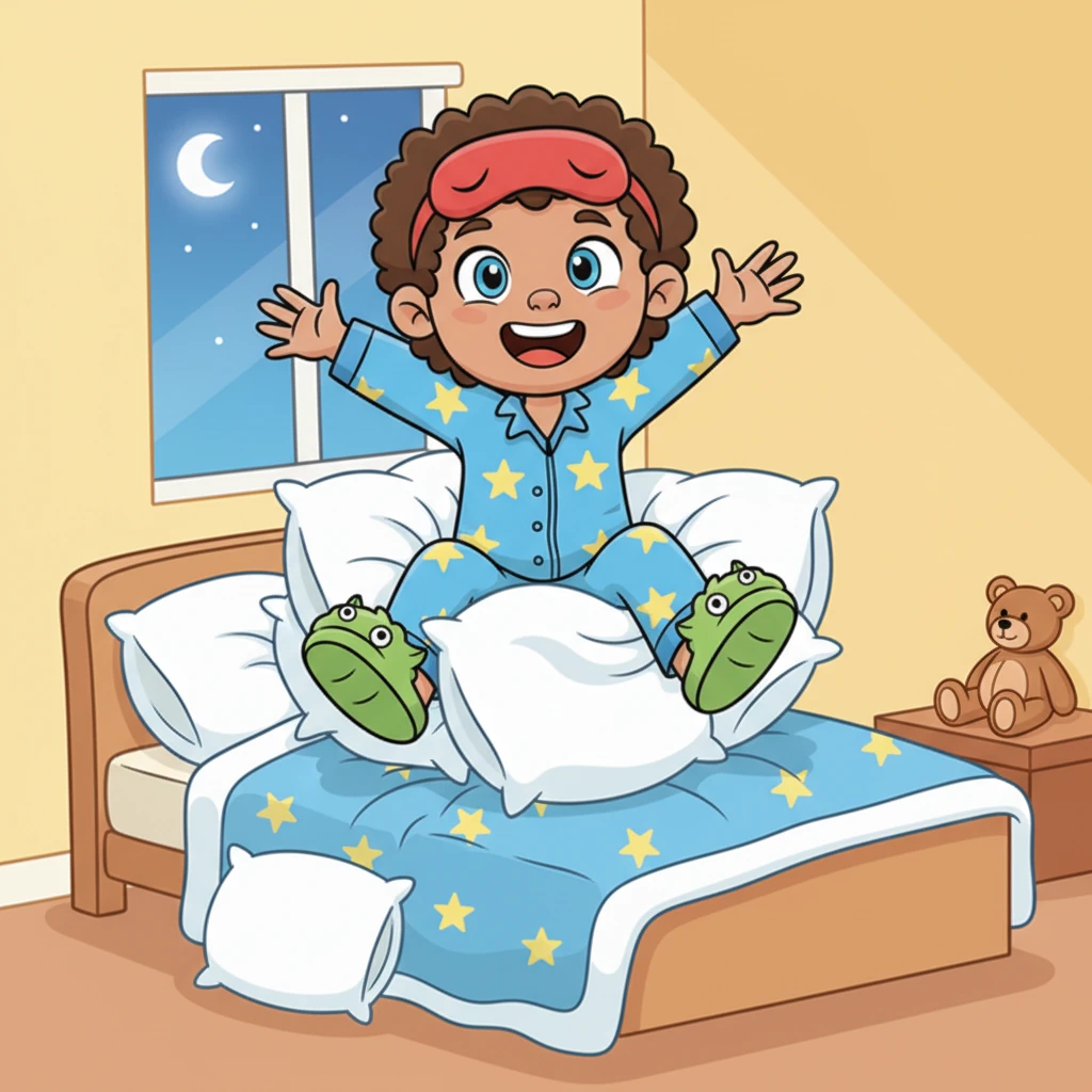 He bounces onto his own bed, sinking deep into the fluffy pillows and soft blanket. Barnaby wiggles and giggles, trying to get comfortable, but something feels just a *little* too bouncy tonight. He decides to explore for a different kind of cozy.