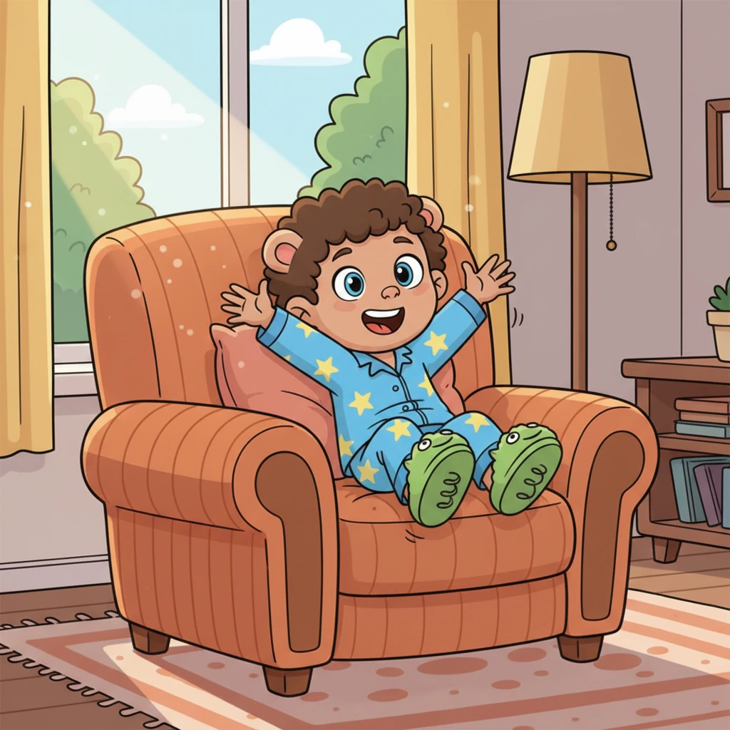 Barnaby tiptoes into the living room and spots a giant, squashy armchair by the window. With a happy squeak, he climbs right in, snuggling deep into the soft, inviting cushions. For a moment, it feels absolutely perfect, but then a playful spring makes him bounce a little, and he thinks, 'Almost... but not quite!'