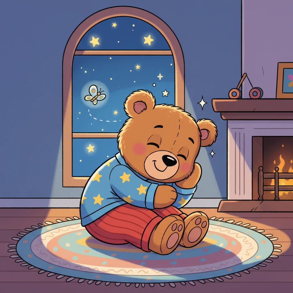 Next, Barnaby waddles to a sunbeam-warmed spot on the rug by the fireplace, where a patch of gentle moonlight now shines. He curls up in a little ball, feeling the lovely warmth and imagining he's sleeping under the twinkling stars. A tiny, sleepy butterfly flutters by the window, making him smile, but he's still searching for that ultimate snuggle.