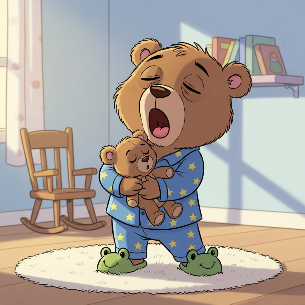 His eyelids grow heavier and heavier, big yawns returning more often now. Barnaby's movements slow down, and he starts to sway gently, almost falling asleep right there on the soft rug. Little Pip the teddy bear is already snoozing peacefully in his arms.