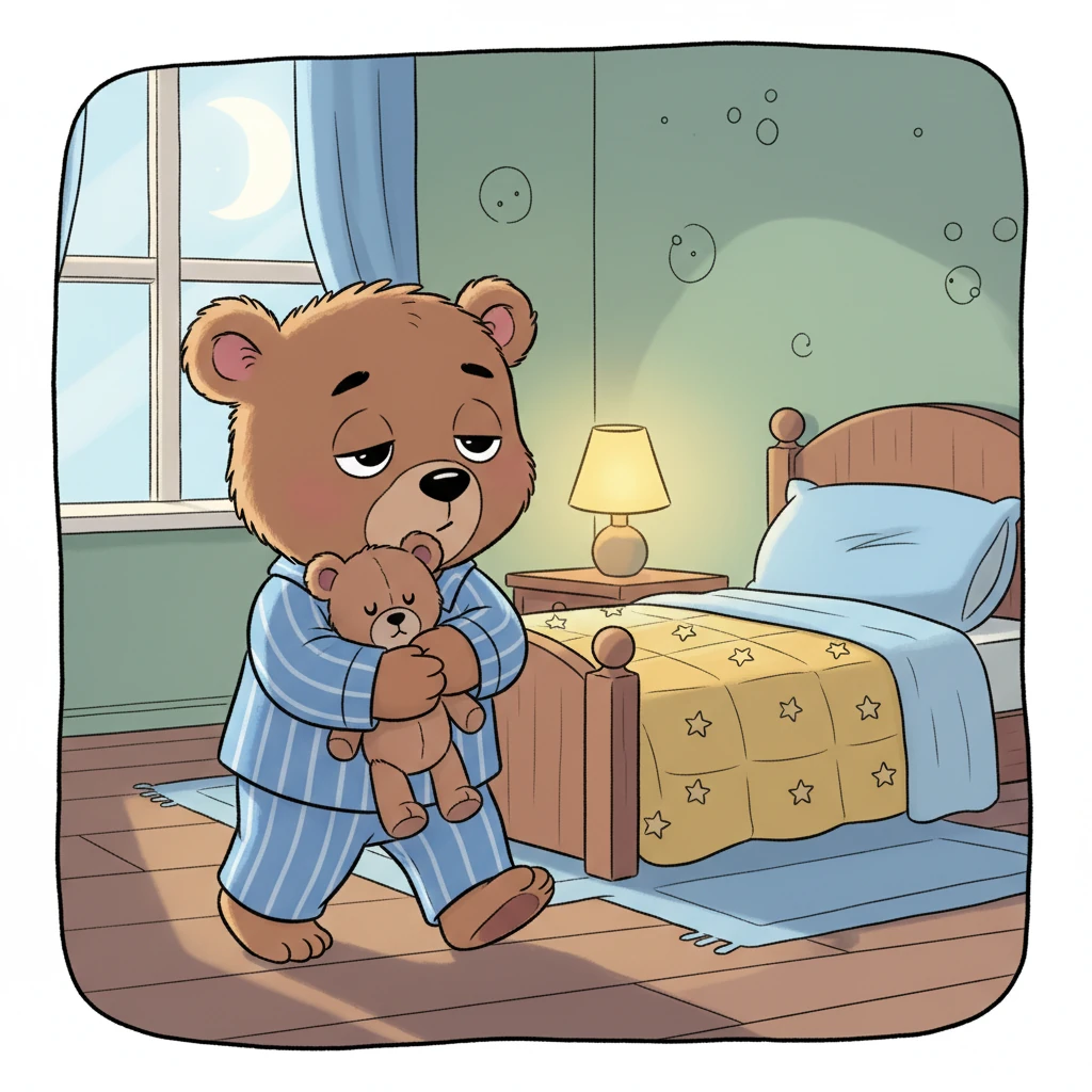 Just as he's about to drift off completely, Barnaby realizes the *most* perfect, coziest spot is actually his own bed, now that he's truly, truly sleepy. He gives a happy, tired sigh and carefully toddles back to his room, Pip tucked securely under his arm.