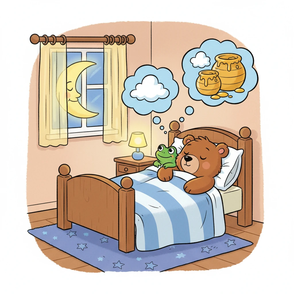 Barnaby Bear is finally tucked snugly in his own bed, Pip nestled right beside him under the warm covers. He's fast asleep, dreaming sweet dreams of fluffy clouds and giant, delicious honey pots. A soft, contented smile plays on his face as the gentle moon peeks through his window.