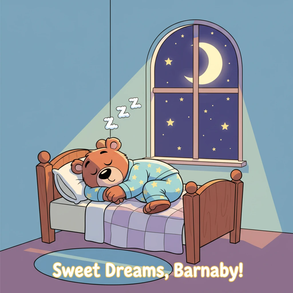 Barnaby Bear is sound asleep in his bed, a single 'Zzz' floating peacefully above his head. The bright moon and twinkling stars shine softly outside his window, casting a warm, gentle glow over his quiet, peaceful room. The words 'Sweet Dreams, Barnaby!' appear below him.