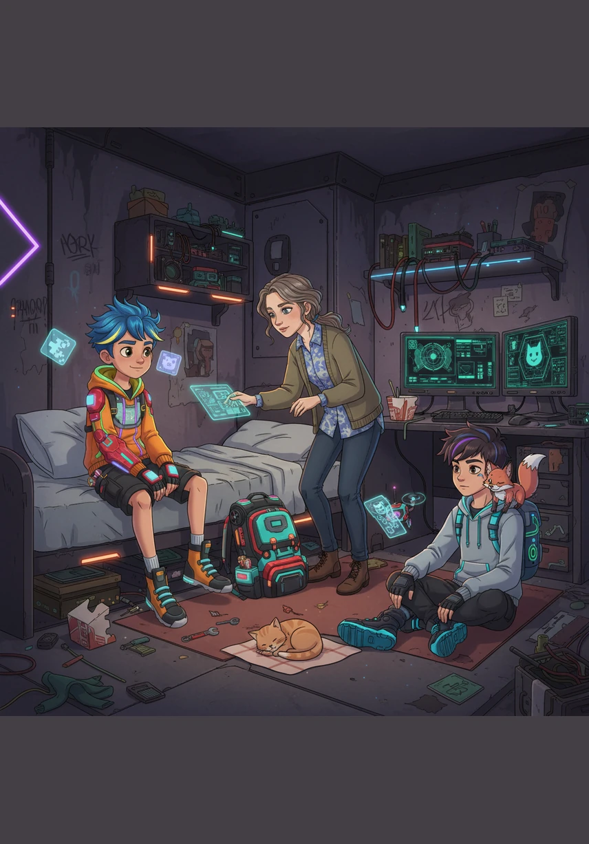 Rory gets out of bed and puts on his school shirt. His big brother Henry says, "You can be a brave hero today, Rory!" Rory looks at his new skateboard and feels a bit better about the day.