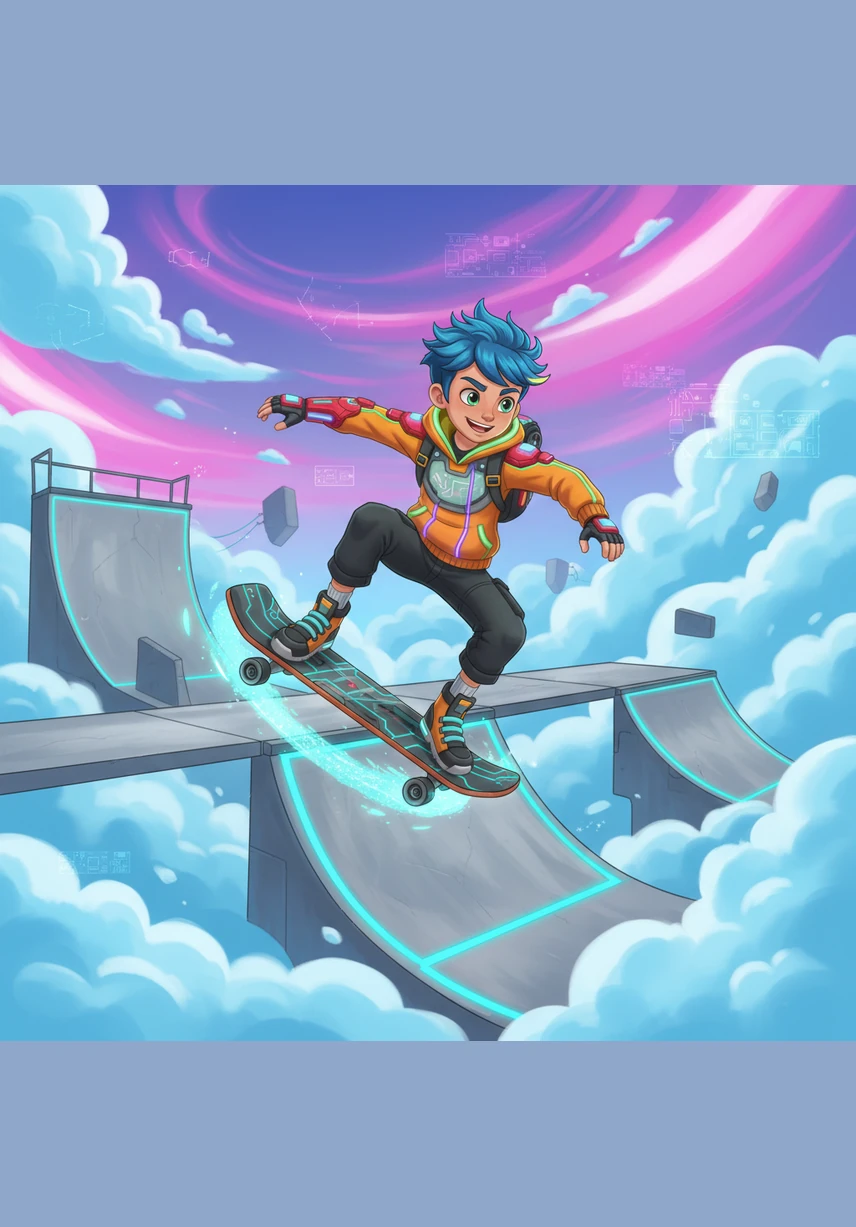 The magic map takes Rory to a land of floating skate ramps in the sky. He hops on his board and zooms through the bright blue clouds. It is so much fun to glide and slide through the air.