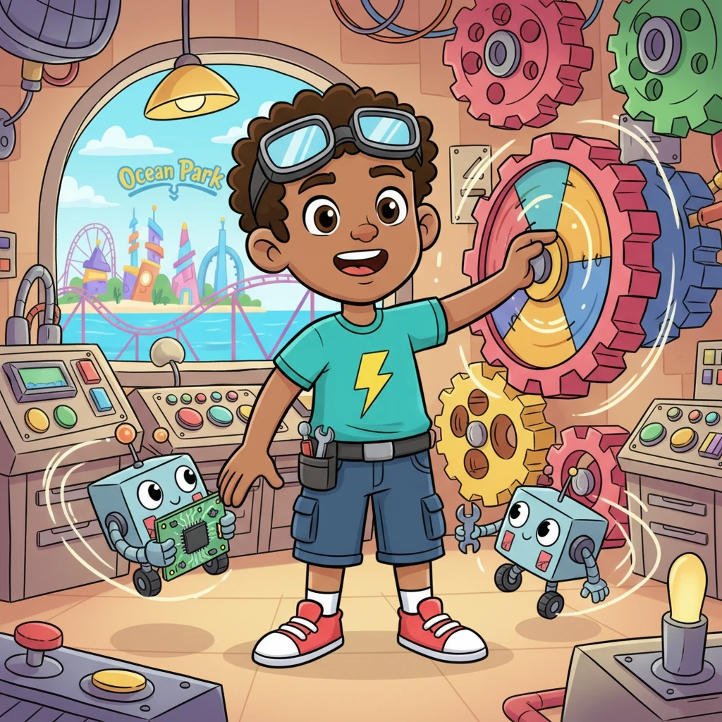 Circuit Sam, a cheerful young inventor with a spark in his eye, stood proudly in his bright, bubbly workshop. Gears spun playfully around him, and friendly little robot helpers whizzed past, all ready for a day of tech adventures in Ocean Park. His oversized goggles sat on his head, reflecting the vibrant colors of his tools.