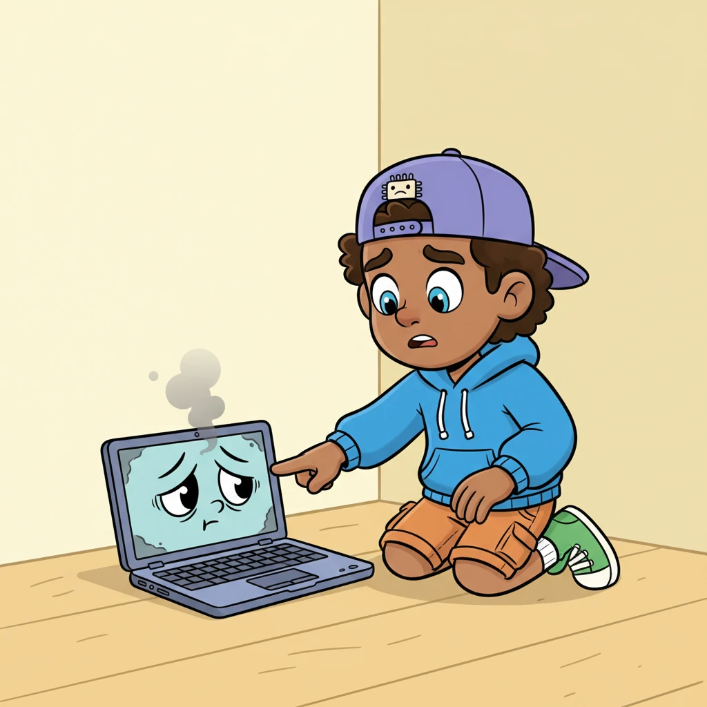 Suddenly, a sad little laptop with a droopy screen and a puff of grey smoke above its keyboard whimpered in a corner. Its owner, a small child with big, worried eyes, poked at it cautiously. The laptop looked utterly exhausted, its once-bright colors now dull and fading.