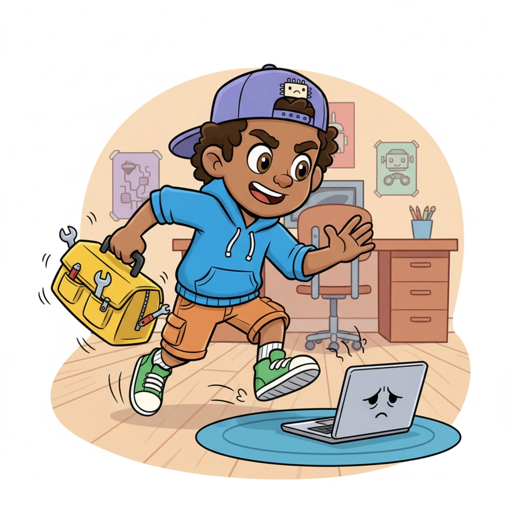 With a determined grin and a twinkle in his eye, Sam grabbed his trusty, oversized toolkit, which practically bounced with energy. He zoomed towards the weary laptop, his feet barely touching the ground. He knew just the trick to make it feel brand new again, promising a speedy recovery.