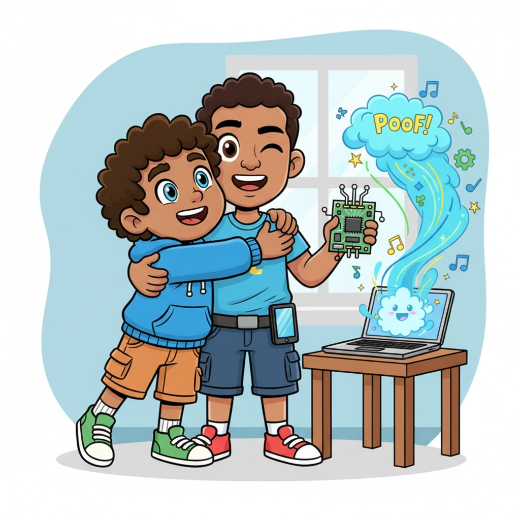 POOF! In a burst of sparkling code and whirring sounds, the laptop sprang back to life, its screen glowing with happy, dancing pixels. The child cheered with delight, giving Sam a big hug. Sam winked, holding up a shiny, clean circuit board like a magic wand.