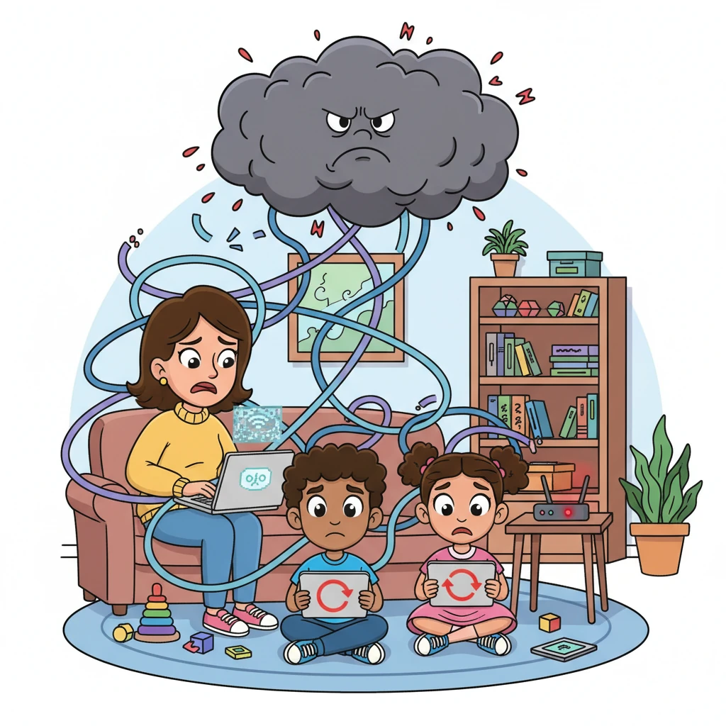 Next, a family struggled in their living room, tangled in invisible wires of a sputtering Wi-Fi signal, represented by a grumpy, knotty cloud above their heads. The mom looked frustrated at her frozen screen, while the kids' tablets showed only spinning circles of doom.